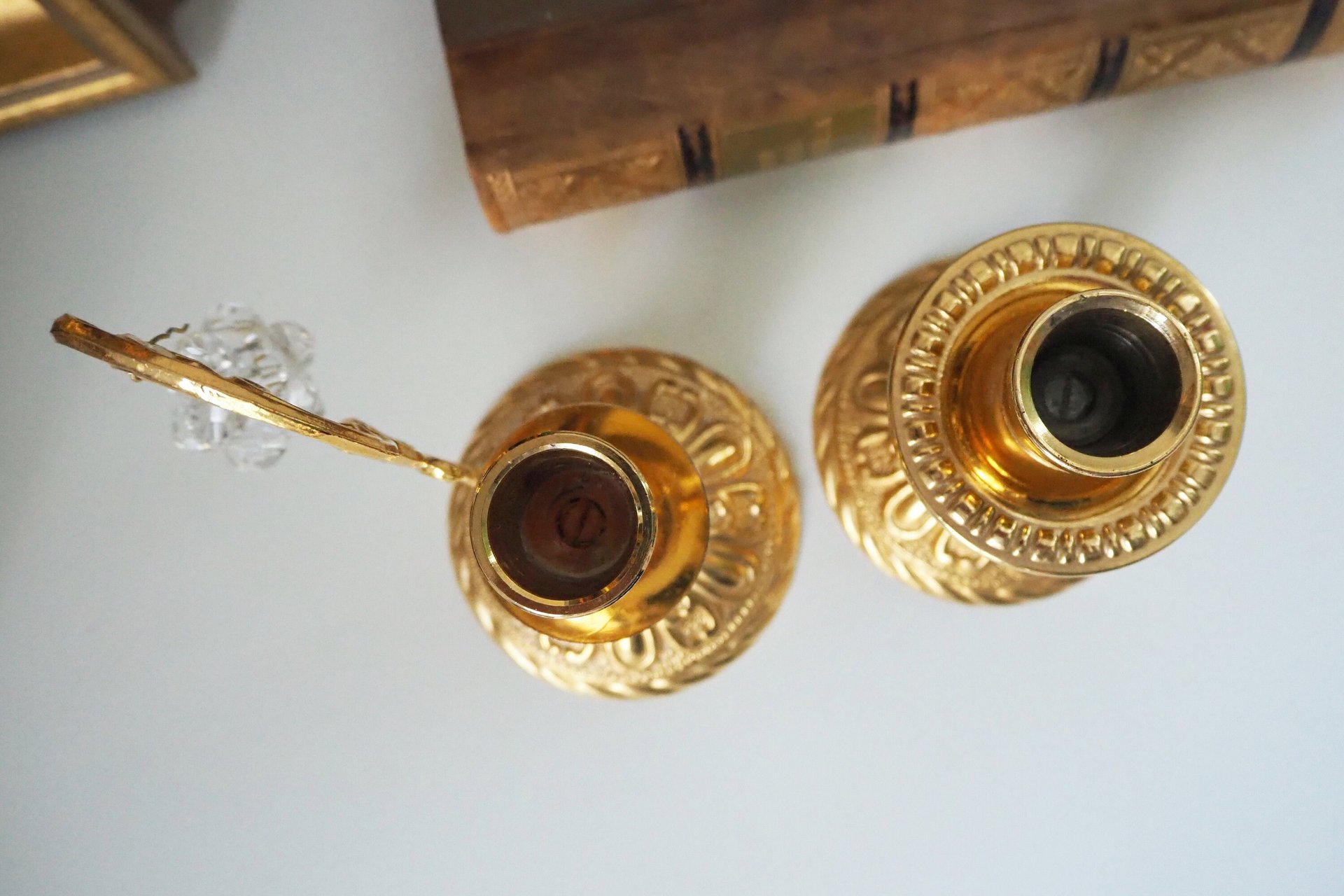 Vintage candlestick holders | Gold plated crystal candlestick holders | Mismatched vintage candlestick holders | Crystal candlestick holder