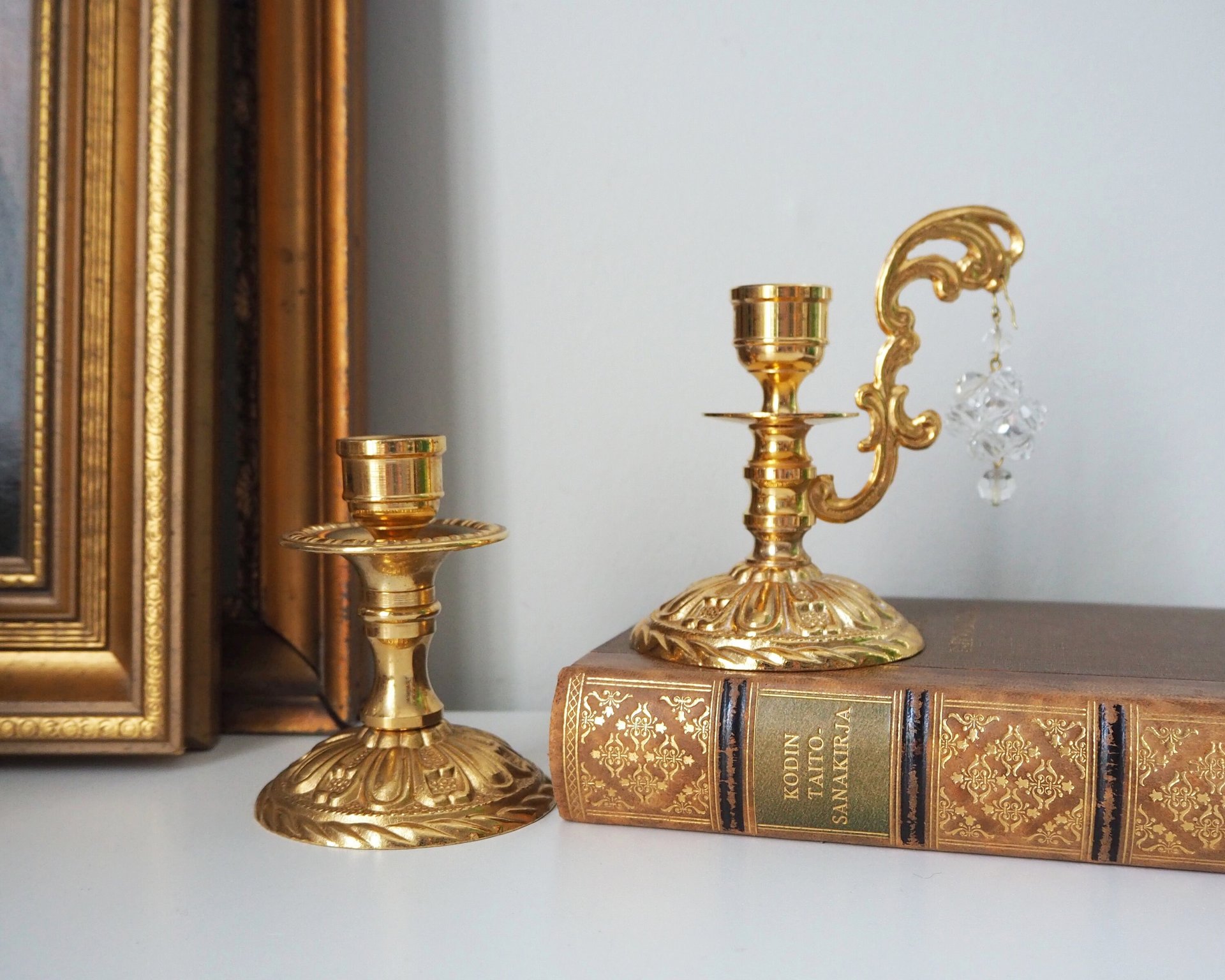Vintage candlestick holders | Gold plated crystal candlestick holders | Mismatched vintage candlestick holders | Crystal candlestick holder