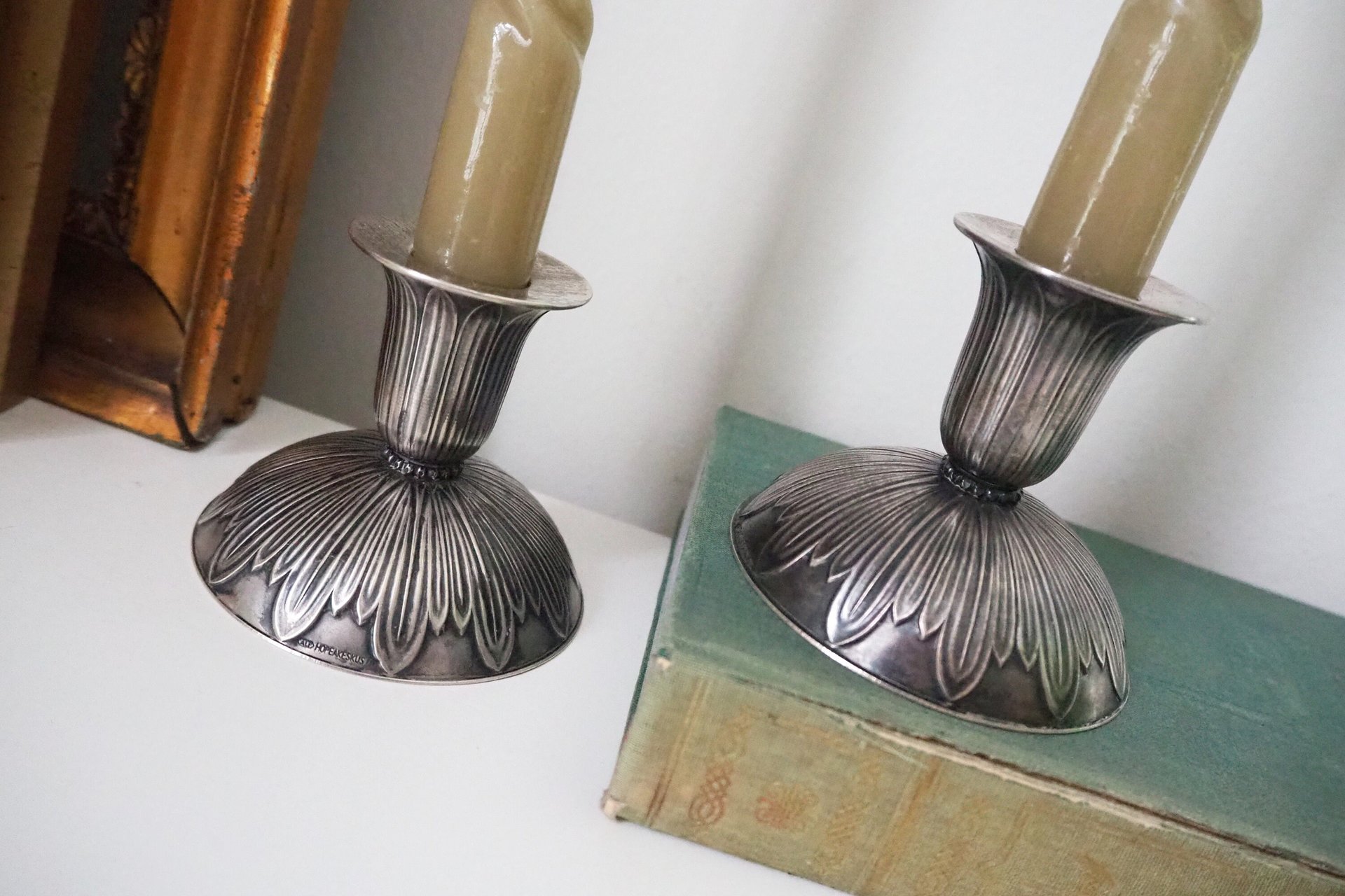 Pair of vintage candlestick holders | Alpacca silver candlestick holders | Floral alpacca silver candlestick holders