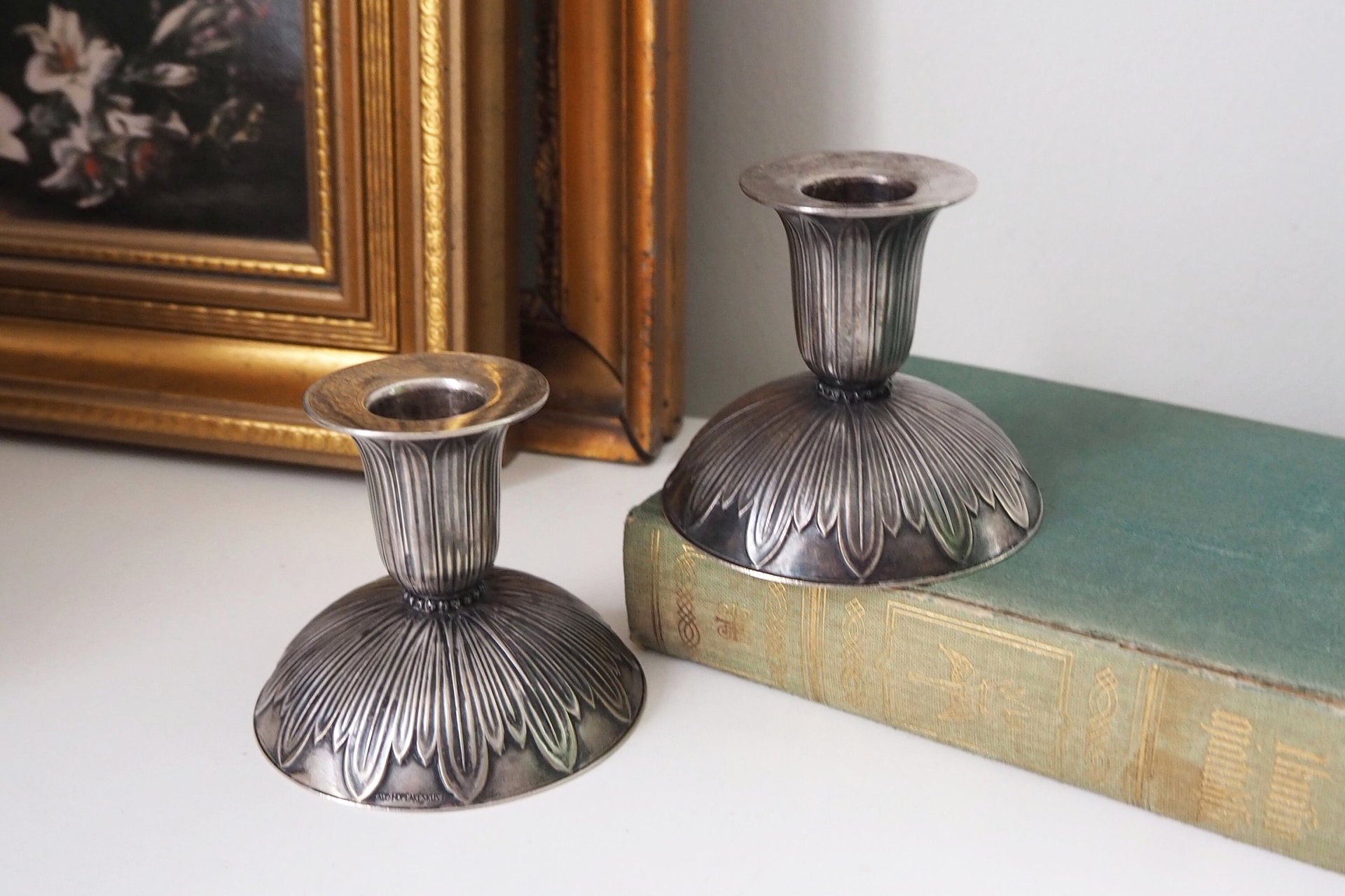 Pair of vintage candlestick holders | Alpacca silver candlestick holders | Floral alpacca silver candlestick holders