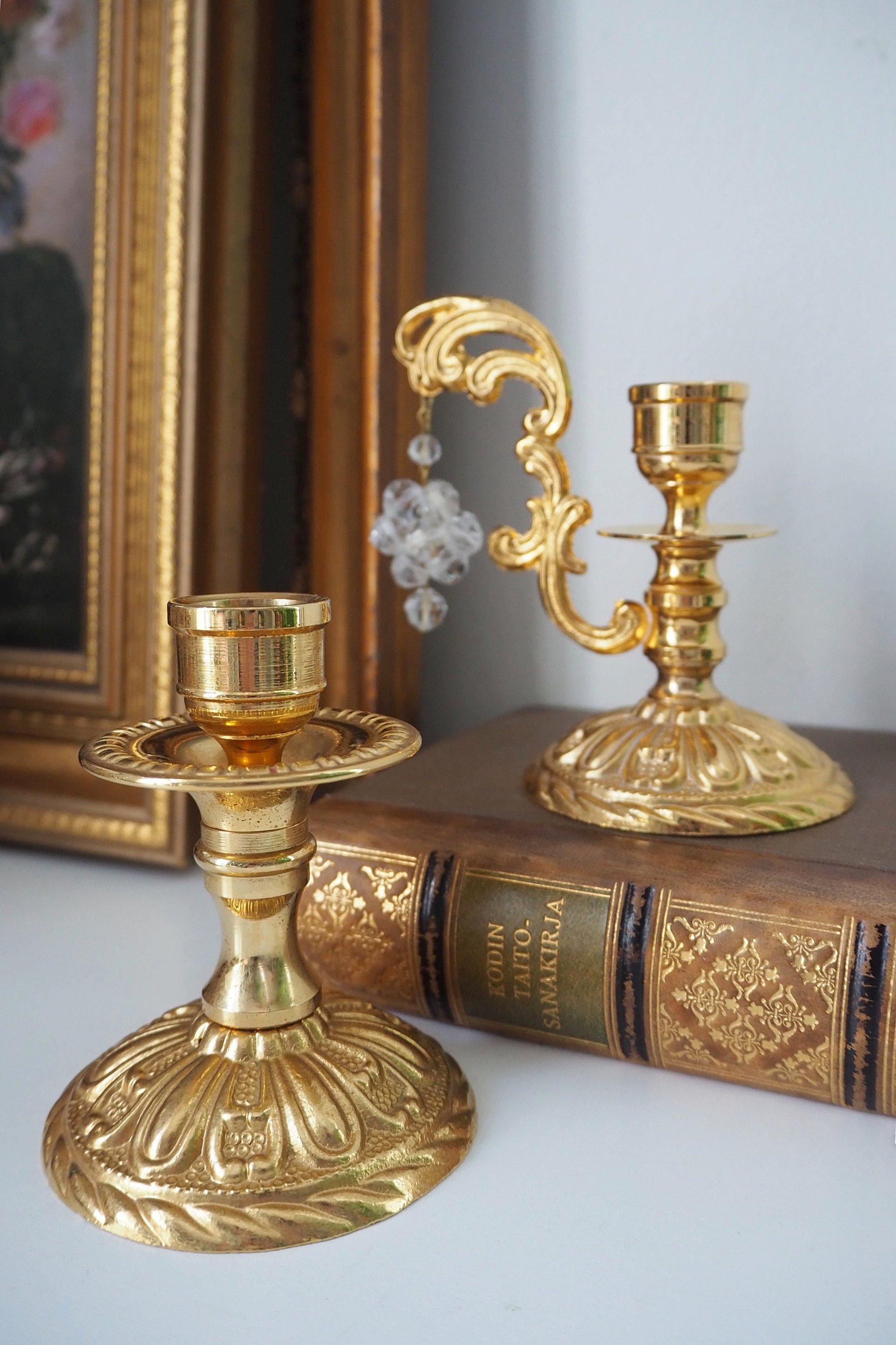 Vintage candlestick holders | Gold plated crystal candlestick holders | Mismatched vintage candlestick holders | Crystal candlestick holder