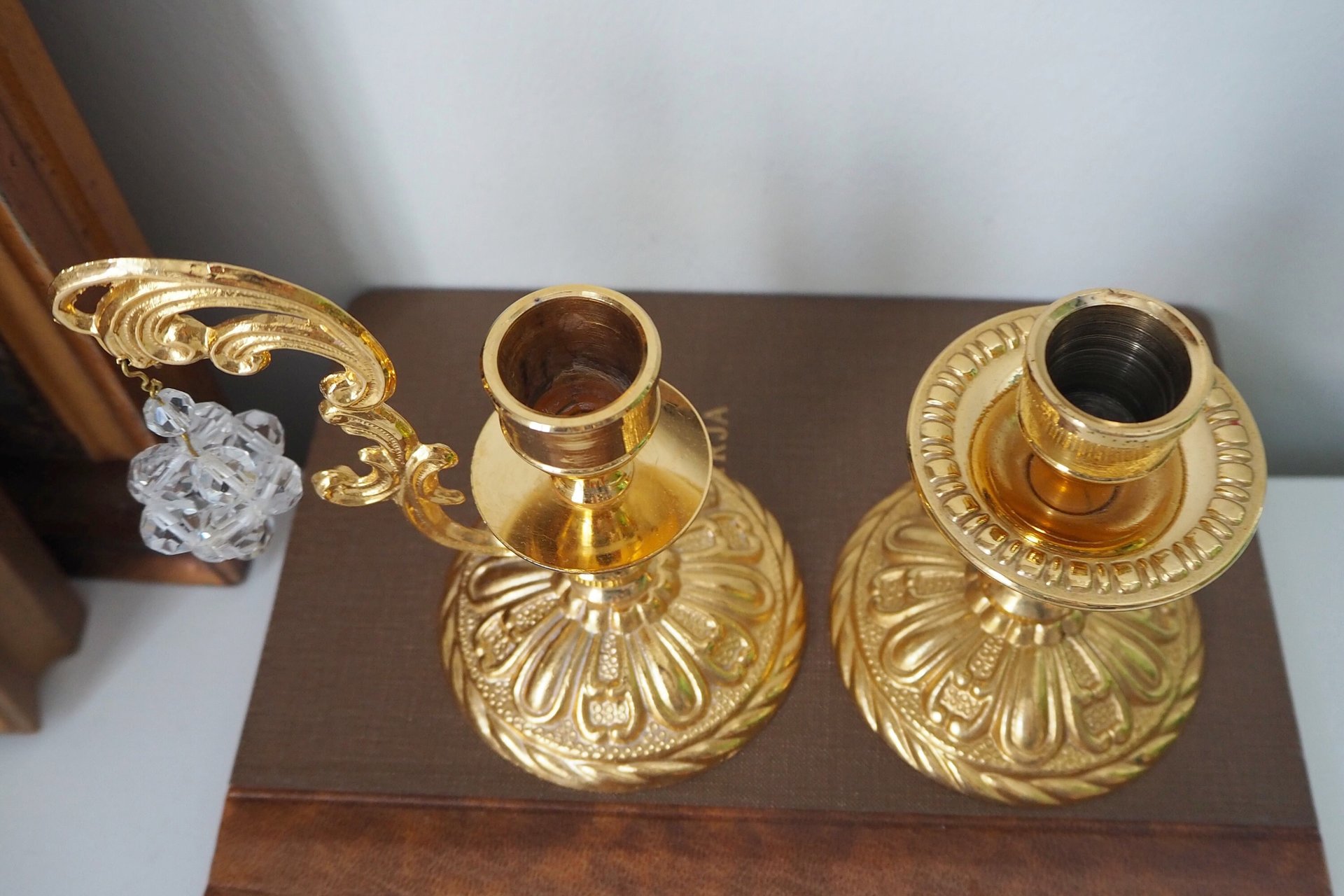 Vintage candlestick holders | Gold plated crystal candlestick holders | Mismatched vintage candlestick holders | Crystal candlestick holder