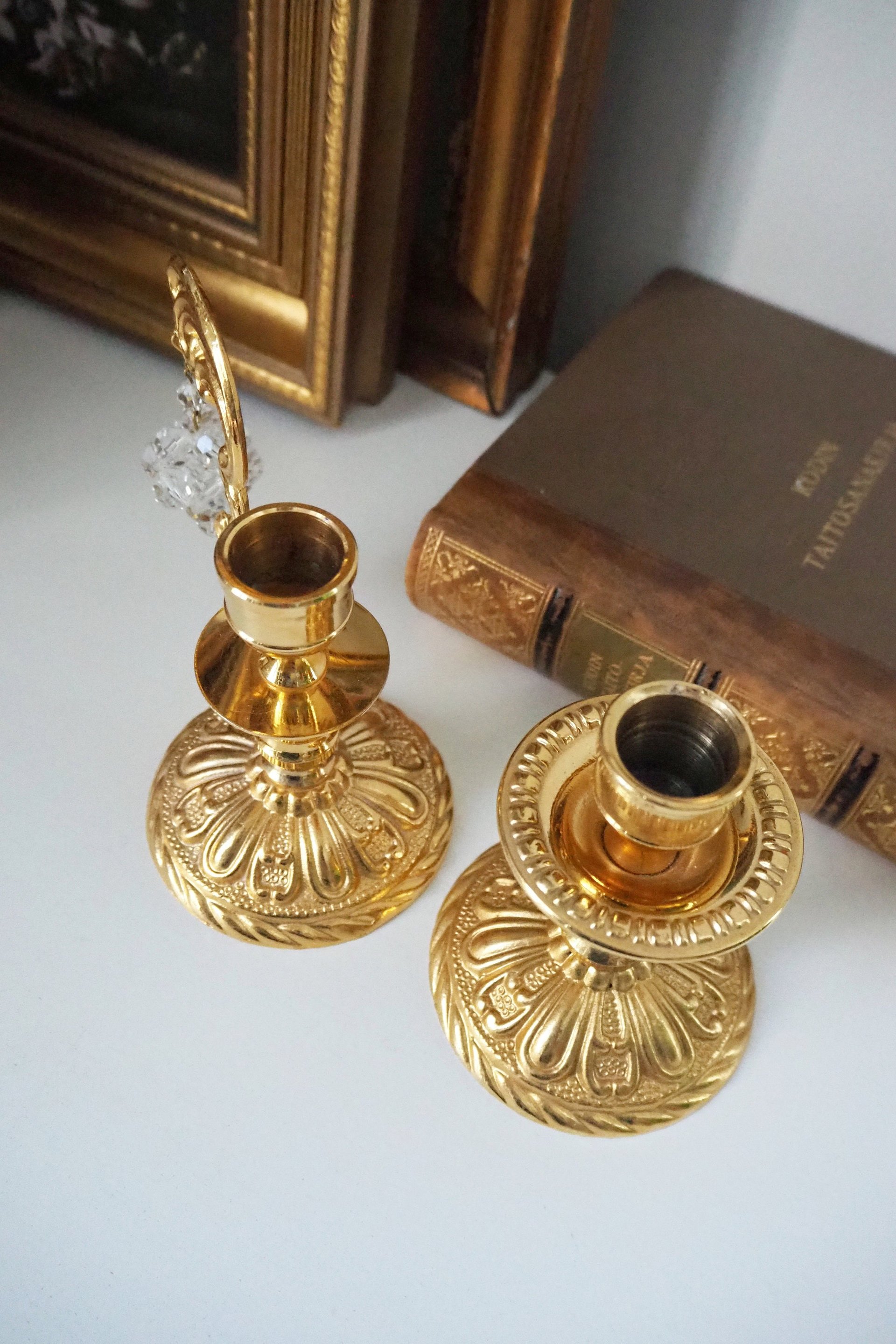 Vintage candlestick holders | Gold plated crystal candlestick holders | Mismatched vintage candlestick holders | Crystal candlestick holder