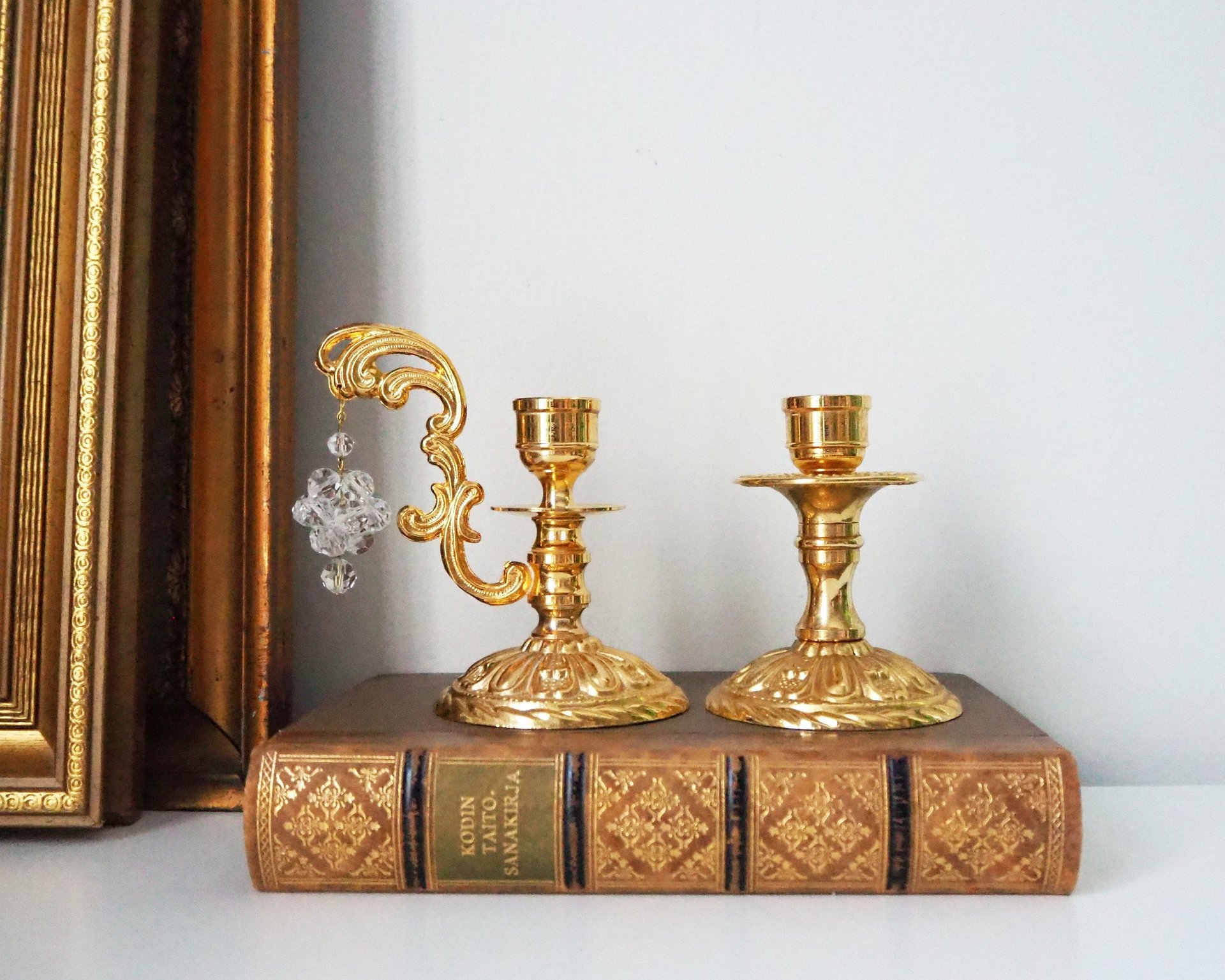 Vintage candlestick holders | Gold plated crystal candlestick holders | Mismatched vintage candlestick holders | Crystal candlestick holder