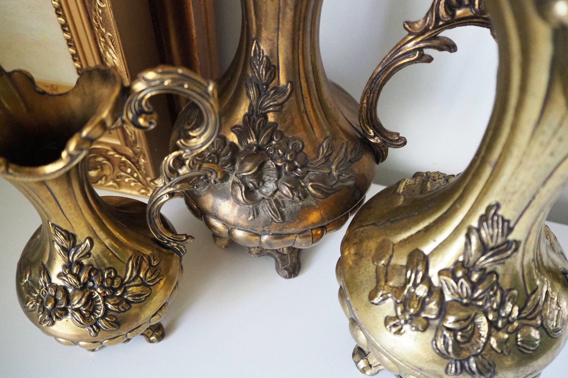 Set of three vintage vases | Brass tone pitchers | Italian brass tone vases | Made in Italy | Vintage pitchers