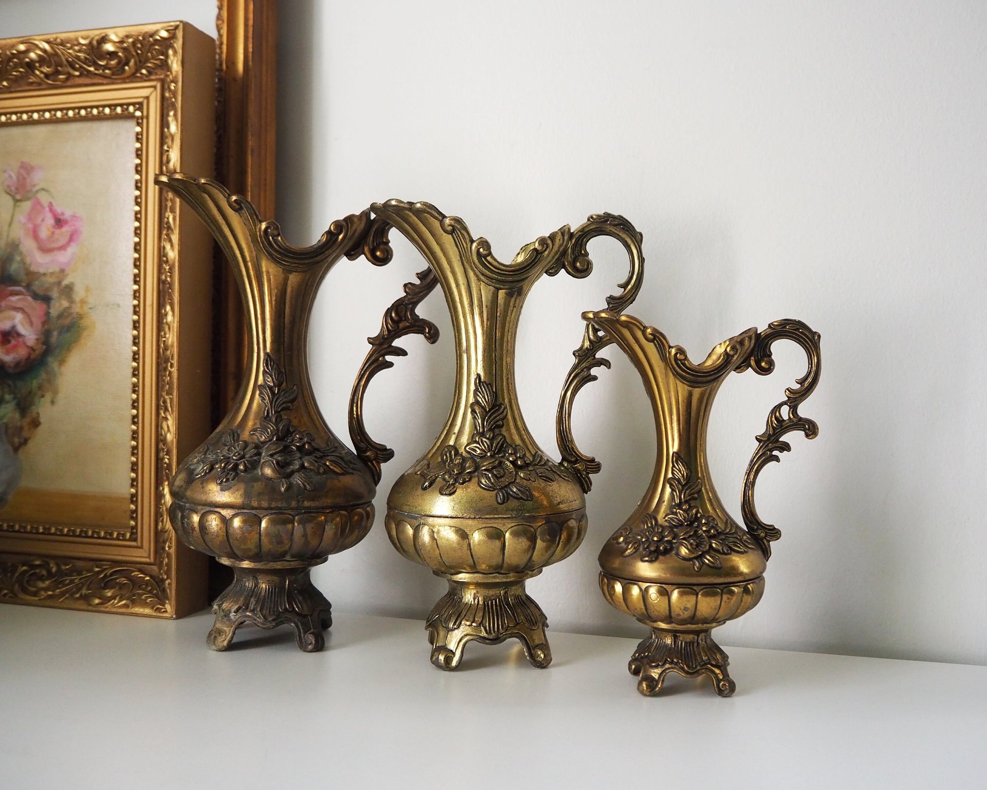 Set of three vintage vases | Brass tone pitchers | Italian brass tone vases | Made in Italy | Vintage pitchers