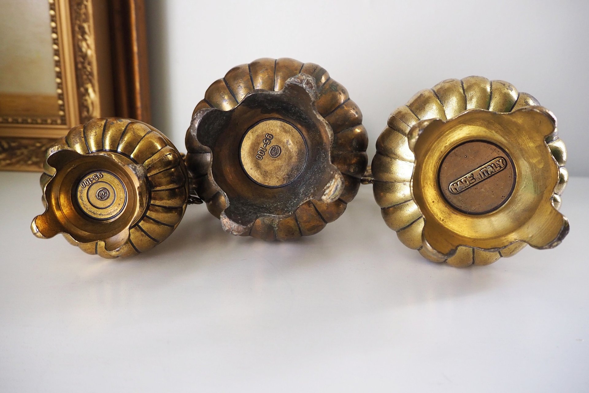 Set of three vintage vases | Brass tone pitchers | Italian brass tone vases | Made in Italy | Vintage pitchers