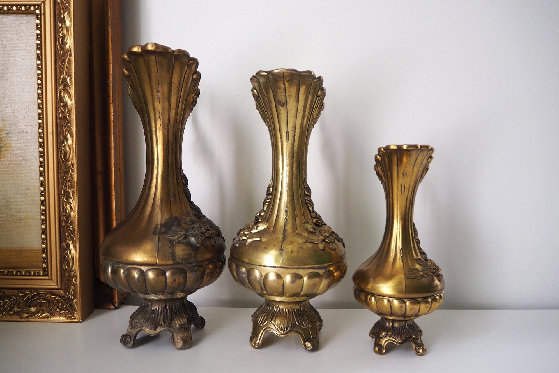 Set of three vintage vases | Brass tone pitchers | Italian brass tone vases | Made in Italy | Vintage pitchers