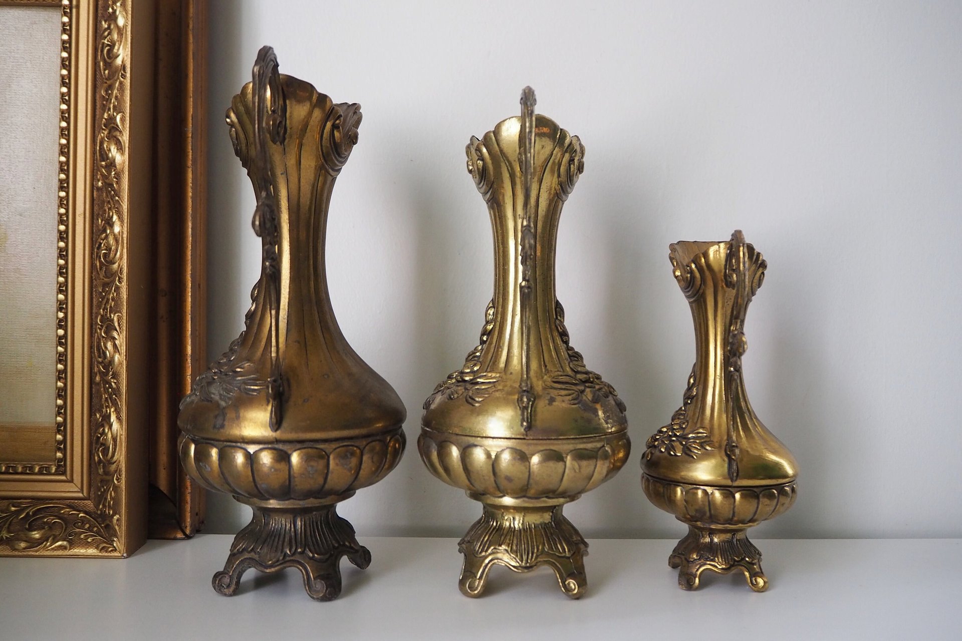 Set of three vintage vases | Brass tone pitchers | Italian brass tone vases | Made in Italy | Vintage pitchers