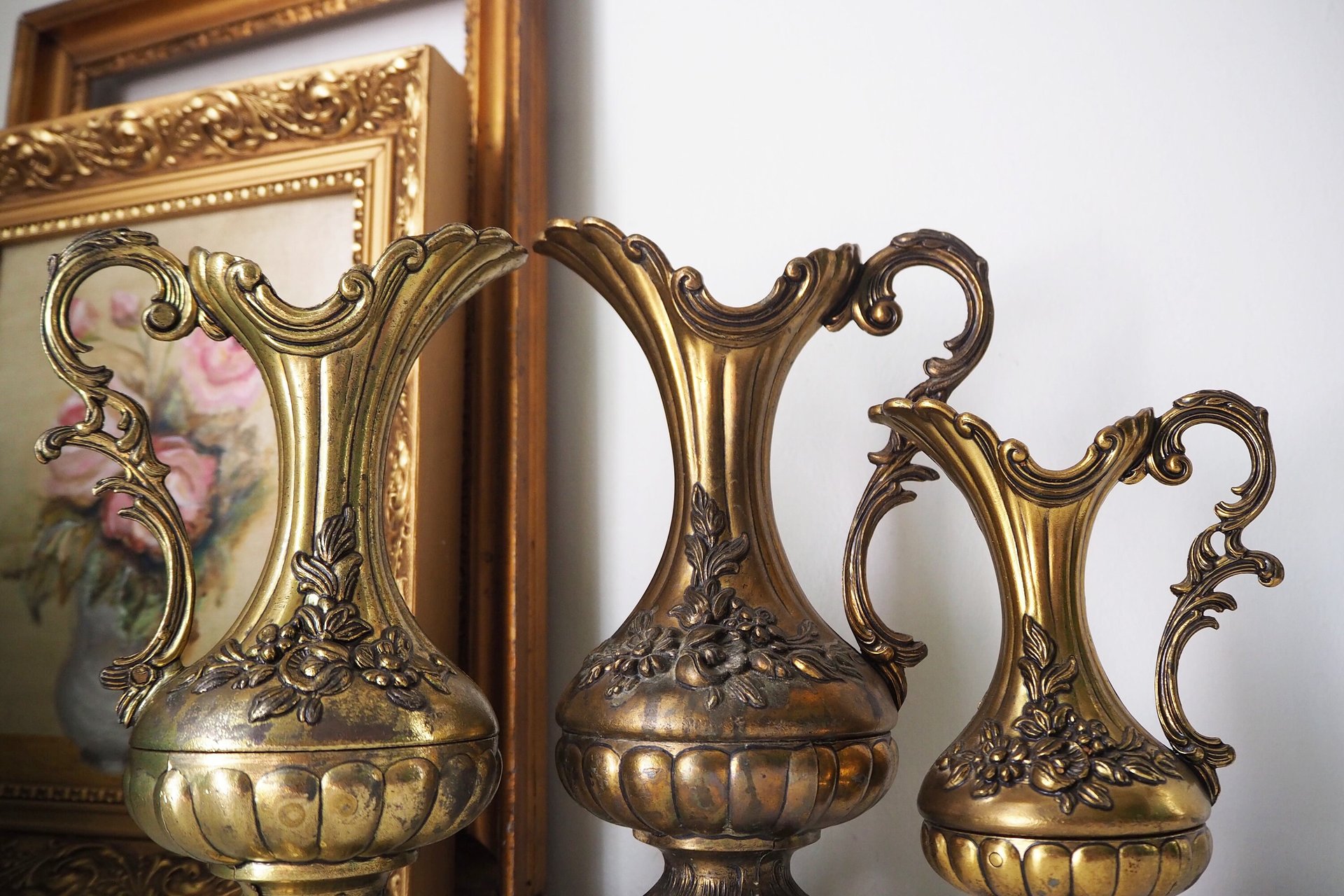 Set of three vintage vases | Brass tone pitchers | Italian brass tone vases | Made in Italy | Vintage pitchers
