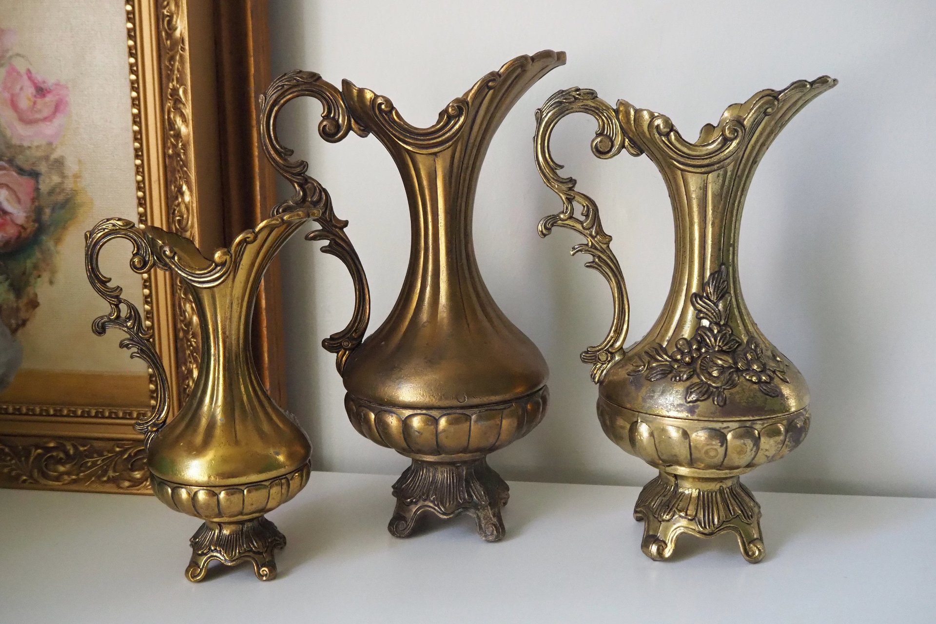 Set of three vintage vases | Brass tone pitchers | Italian brass tone vases | Made in Italy | Vintage pitchers