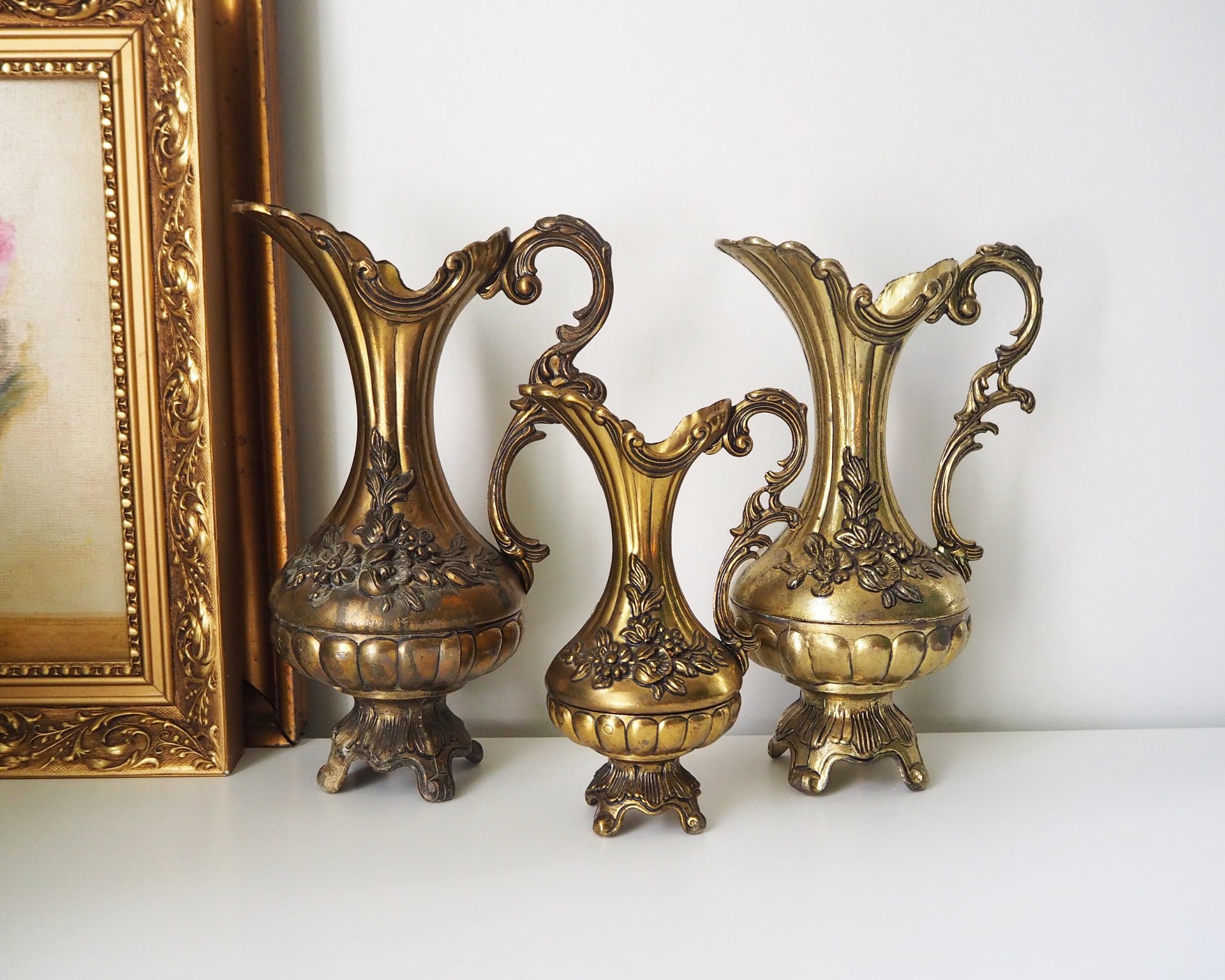 Set of three vintage vases | Brass tone pitchers | Italian brass tone vases | Made in Italy | Vintage pitchers