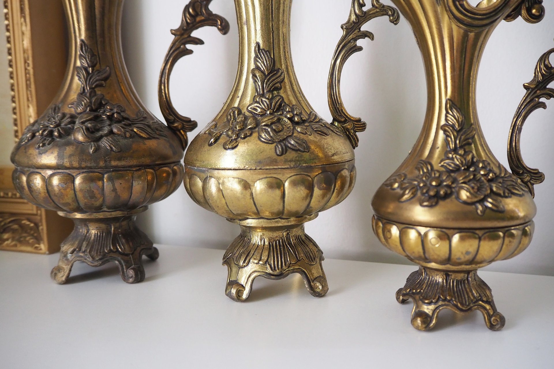 Set of three vintage vases | Brass tone pitchers | Italian brass tone vases | Made in Italy | Vintage pitchers
