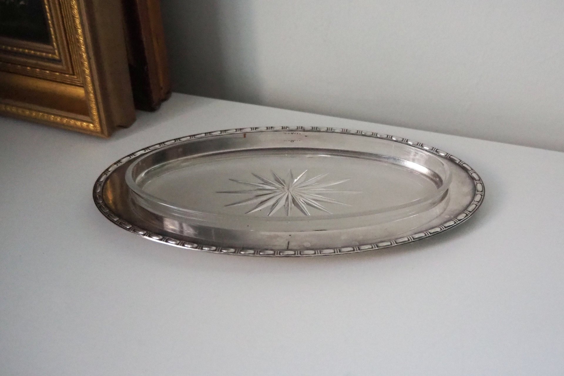 Vintage alpacca silver trinket dish | Alpacca silver and crystal dish | Alpacca silver trinket dish | Crystal dish