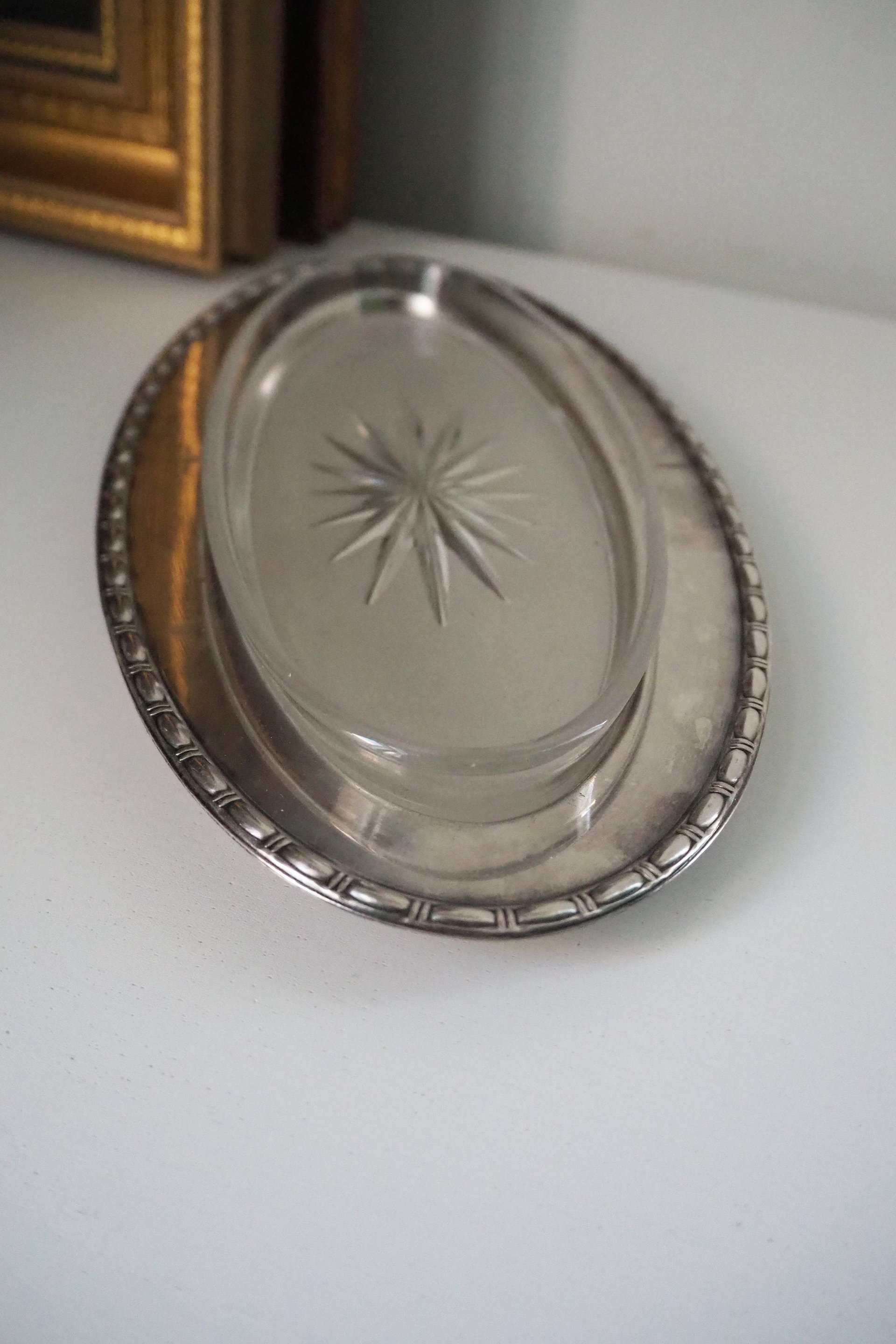 Vintage alpacca silver trinket dish | Alpacca silver and crystal dish | Alpacca silver trinket dish | Crystal dish