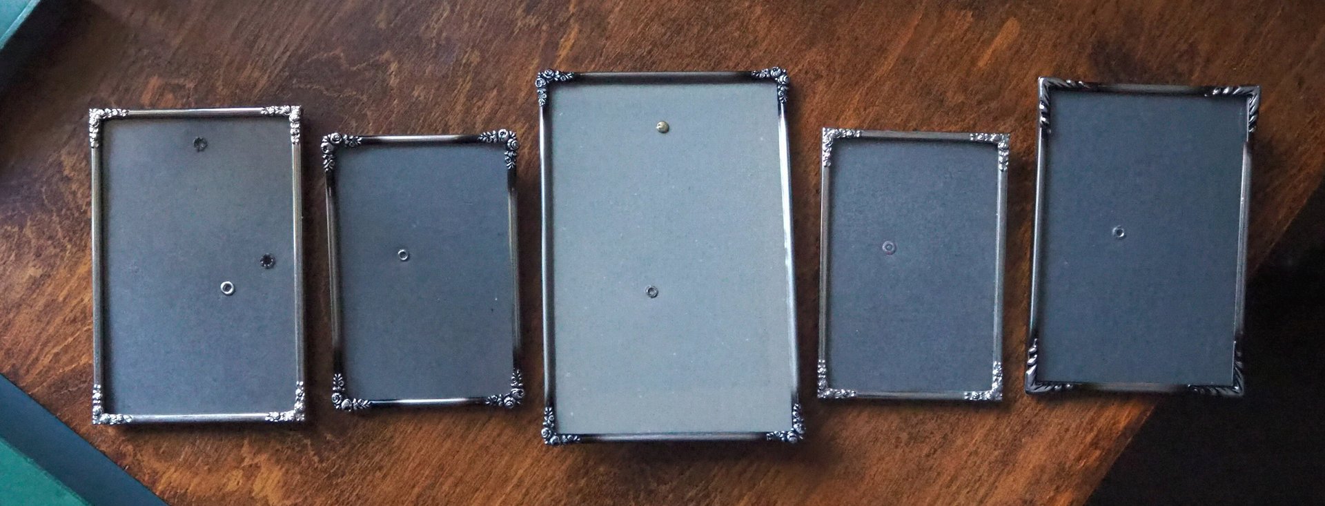 Set of five vintage photo frames | Mismatched vintage picture frames | Vintage silver plated picture frames | Vintage silver plated frames