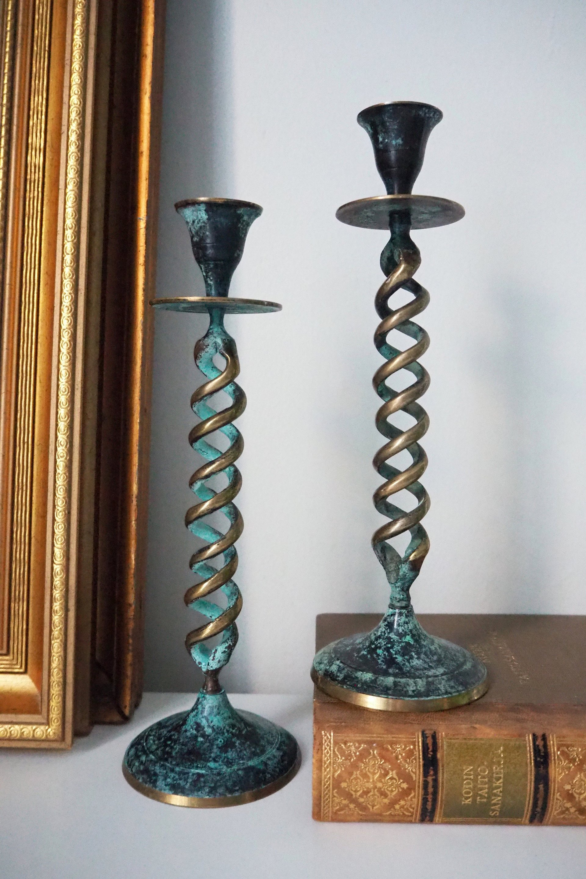 Pair of vintage candlestick holders | Twisted candlestick holders | Tall brass candlestick holders | Matching candlestick holders