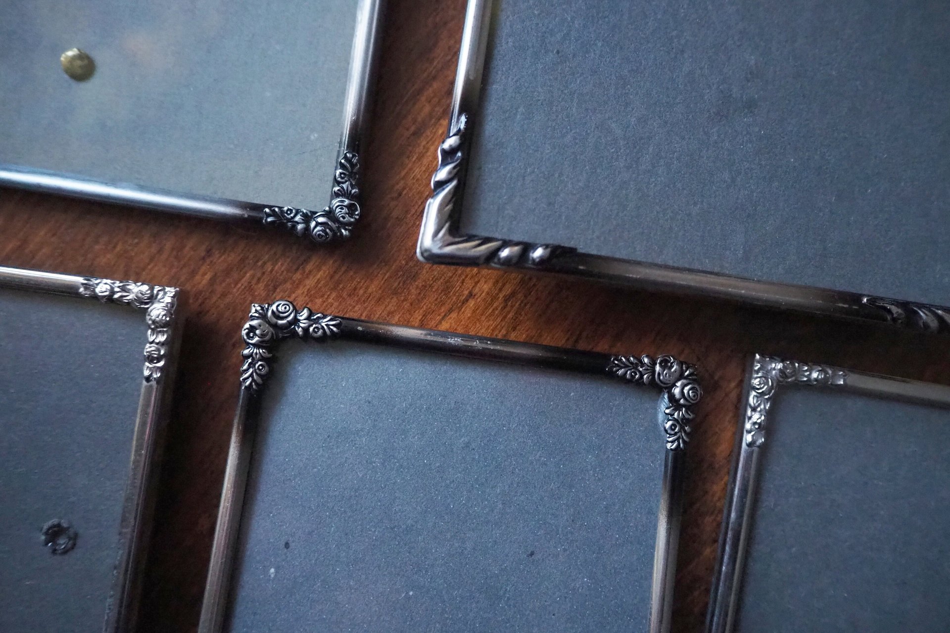 Set of five vintage photo frames | Mismatched vintage picture frames | Vintage silver plated picture frames | Vintage silver plated frames