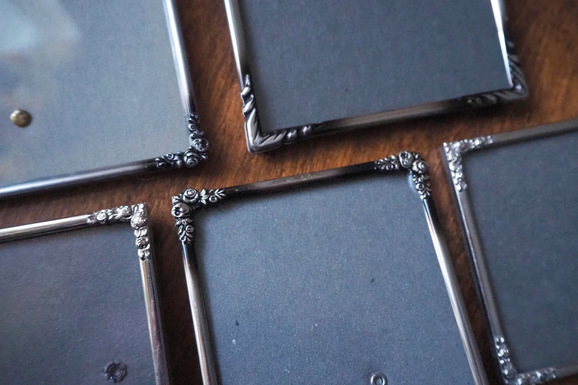 Set of five vintage photo frames | Mismatched vintage picture frames | Vintage silver plated picture frames | Vintage silver plated frames