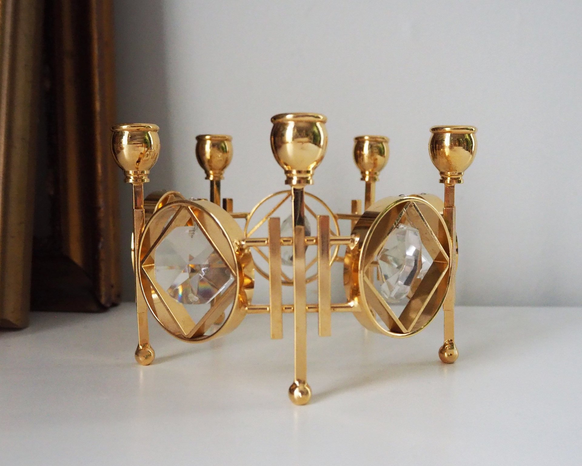 Vintage crystal candelabrum | Round vintage candelabra | Gold plated candelabra | Vintage candelabra with crystals