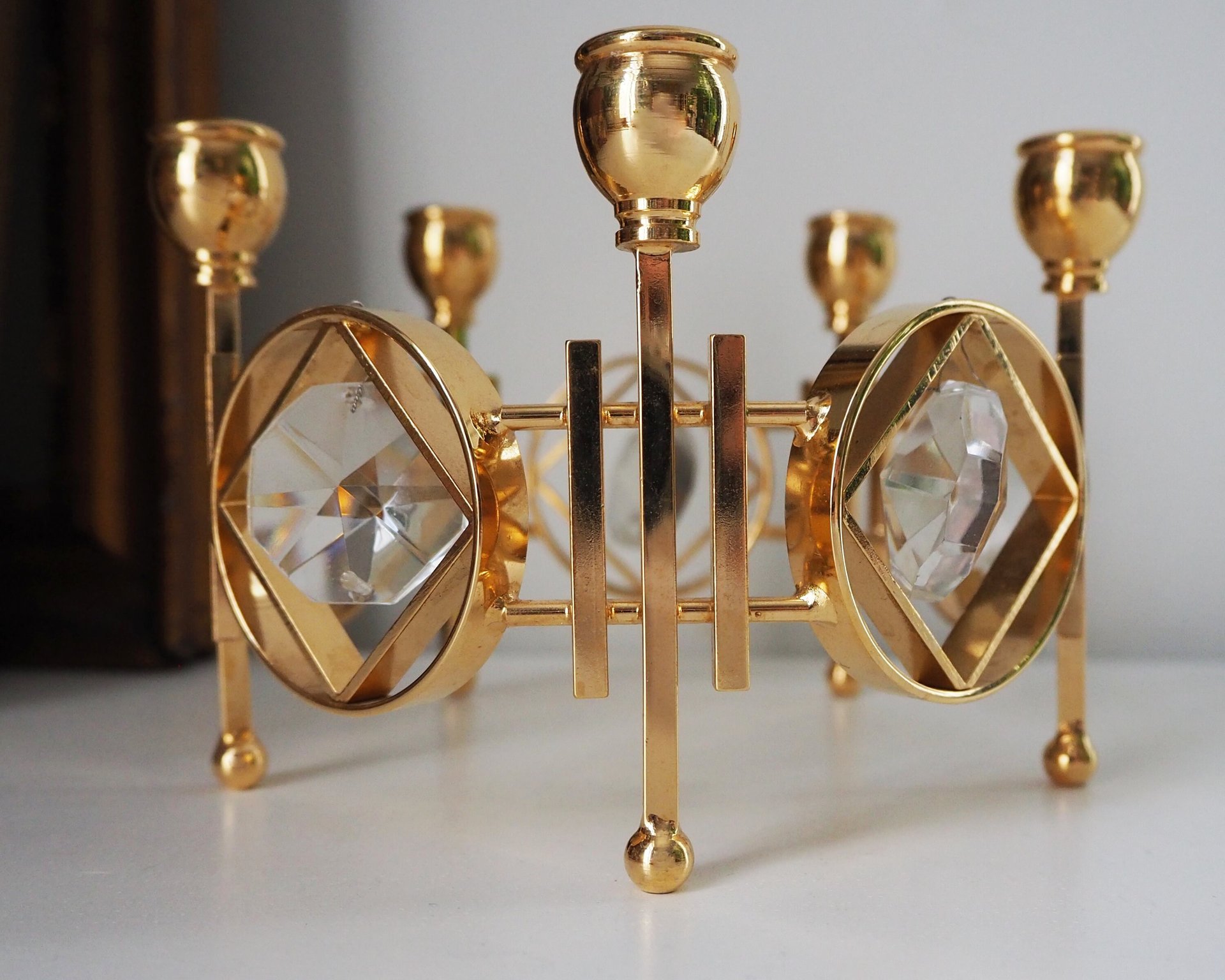 Vintage crystal candelabrum | Round vintage candelabra | Gold plated candelabra | Vintage candelabra with crystals