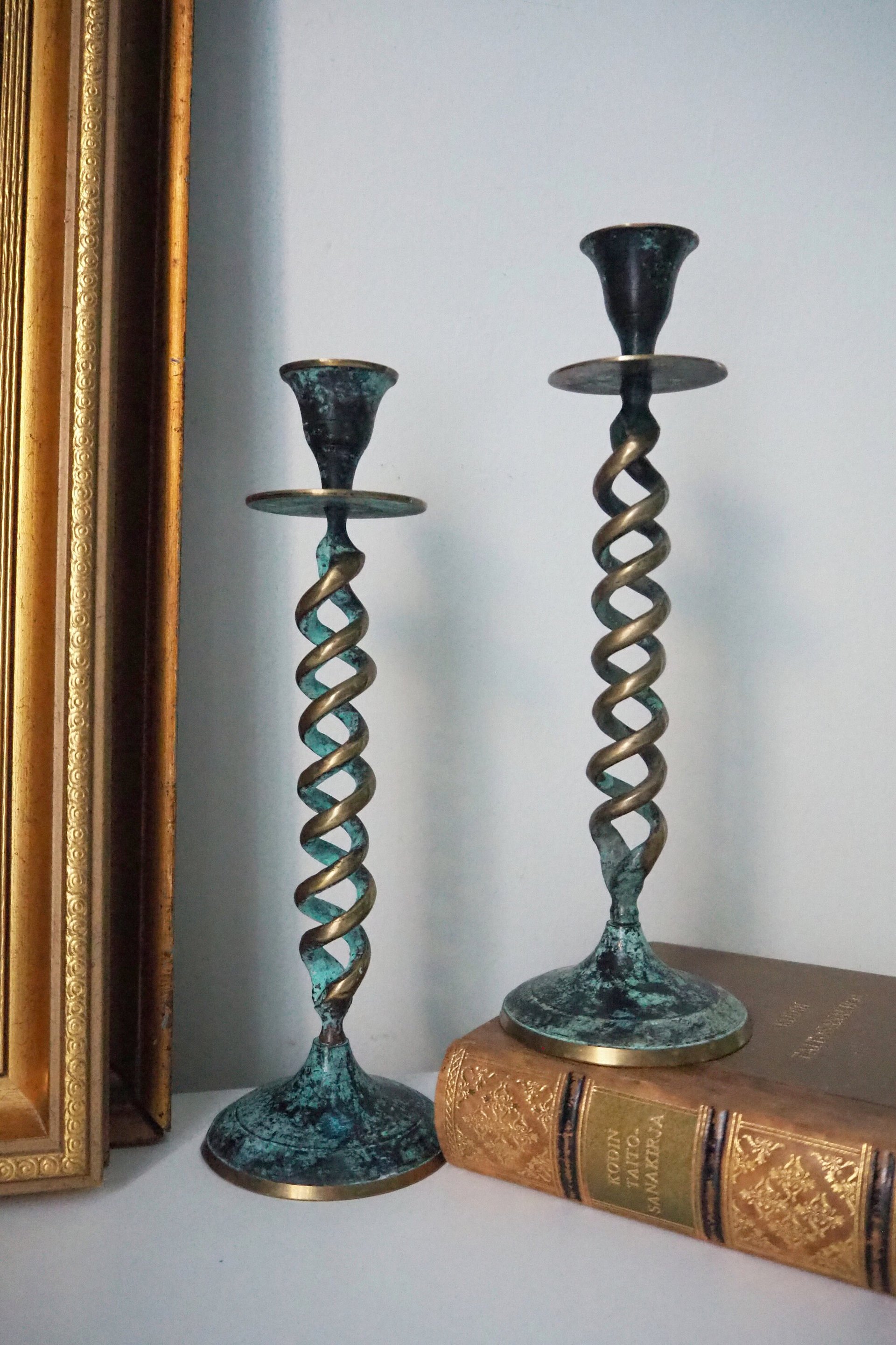 Pair of vintage candlestick holders | Twisted candlestick holders | Tall brass candlestick holders | Matching candlestick holders
