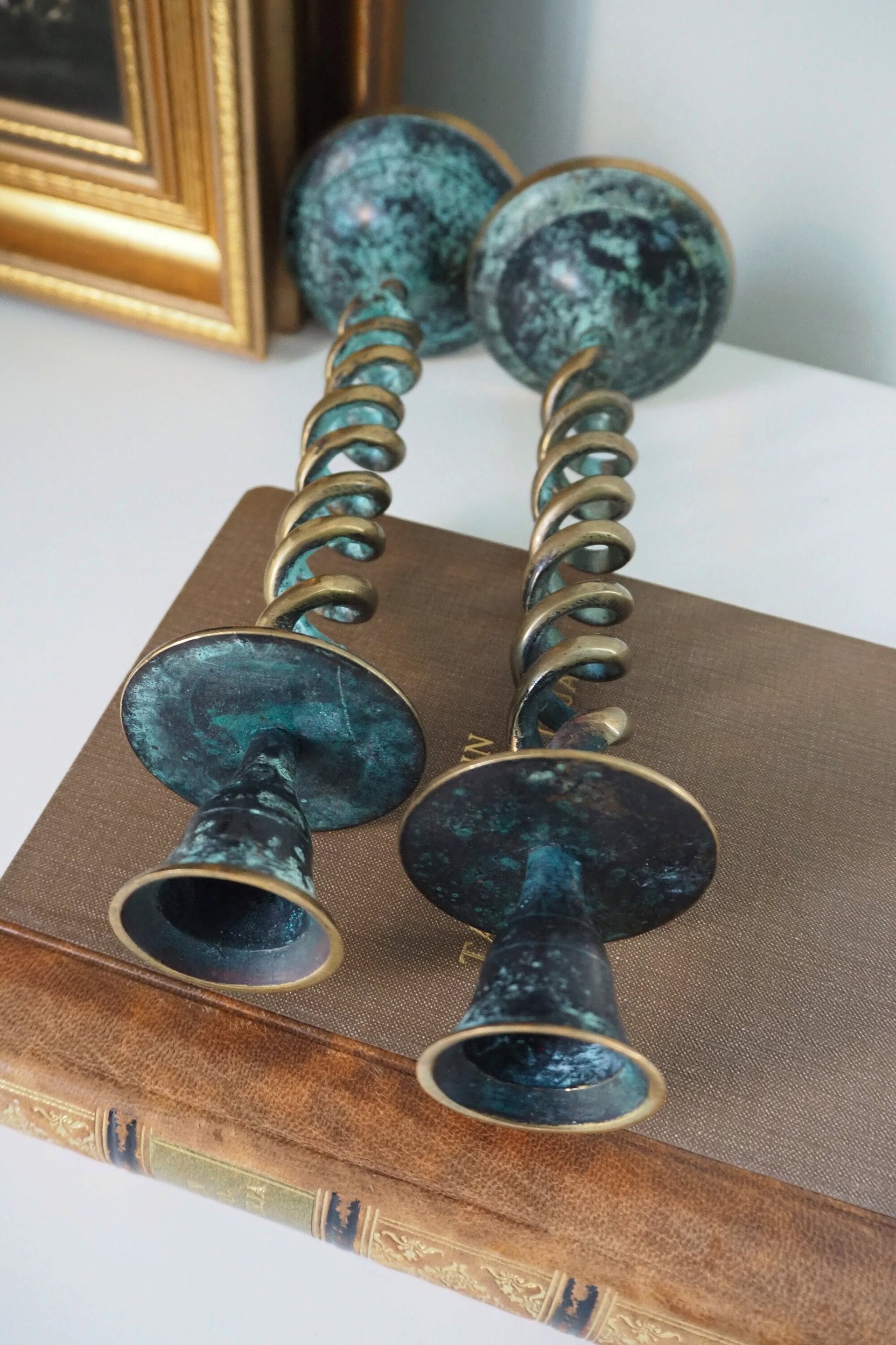 Pair of vintage candlestick holders | Twisted candlestick holders | Tall brass candlestick holders | Matching candlestick holders