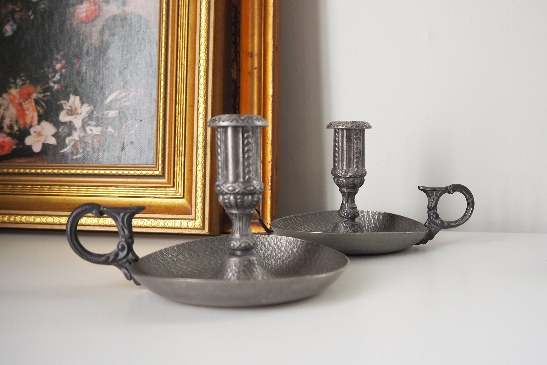 Set of two vintage candlestick holders | Norsk Tinn pewter candlestick holders | Norwegian chamber style candle holders
