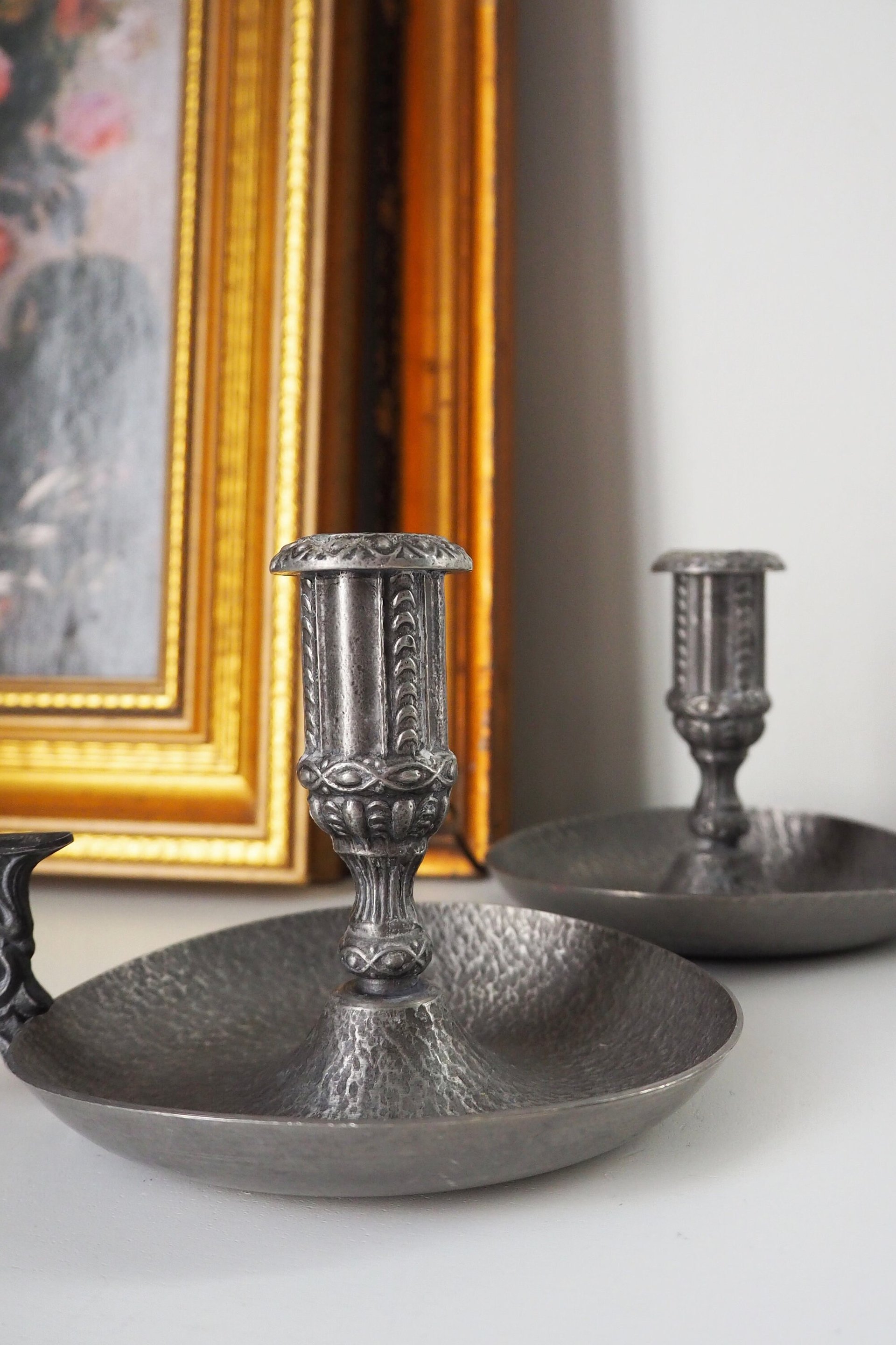 Set of two vintage candlestick holders | Norsk Tinn pewter candlestick holders | Norwegian chamber style candle holders