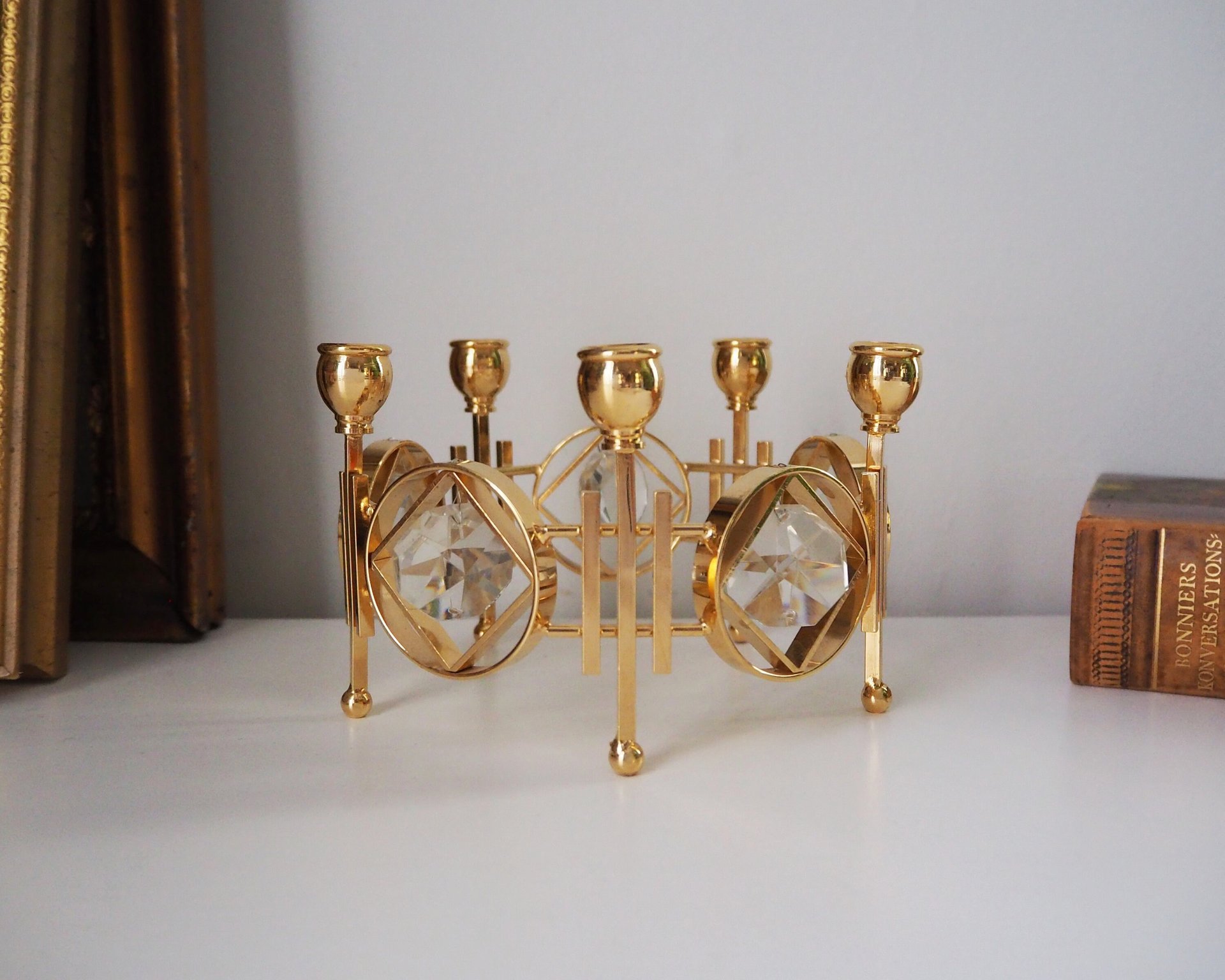 Vintage crystal candelabrum | Round vintage candelabra | Gold plated candelabra | Vintage candelabra with crystals