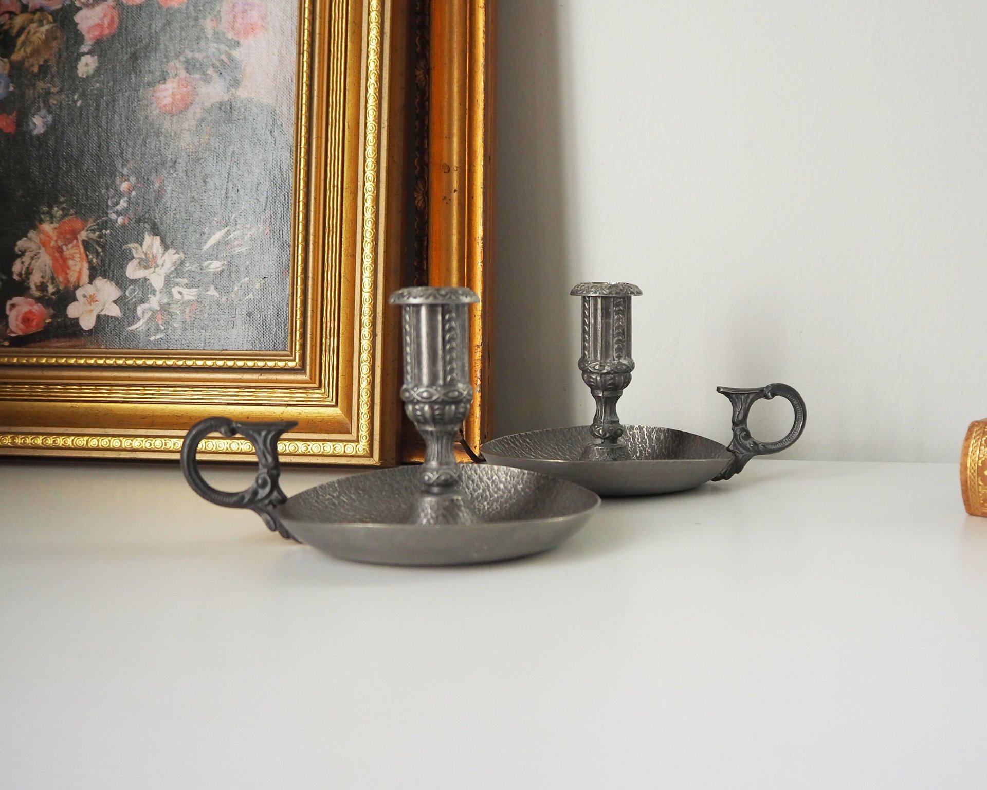 Set of two vintage candlestick holders | Norsk Tinn pewter candlestick holders | Norwegian chamber style candle holders