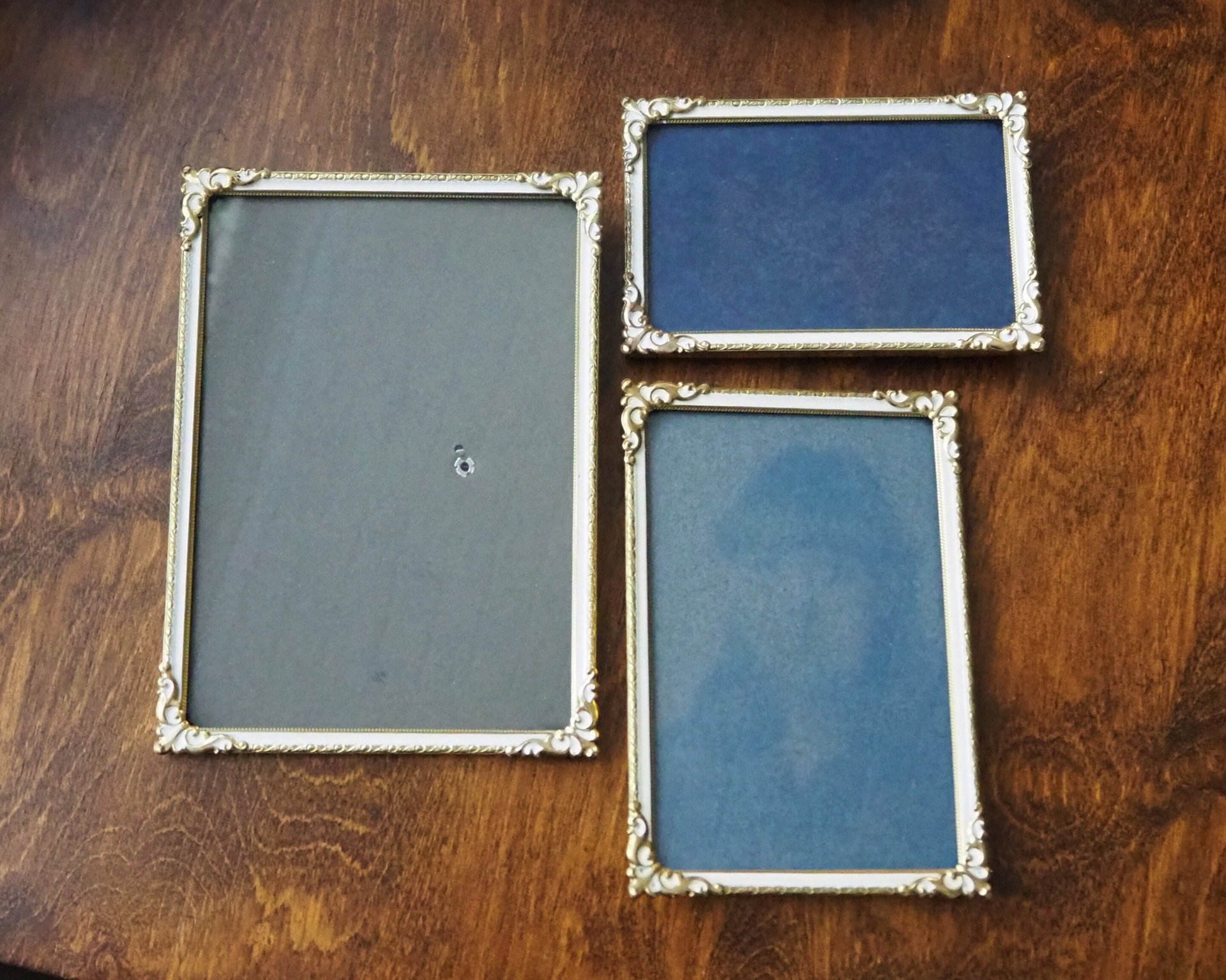 Set of three vintage photo frames | Set of three matching vintage frames | Vintage brass picture frames | Brass and white frames