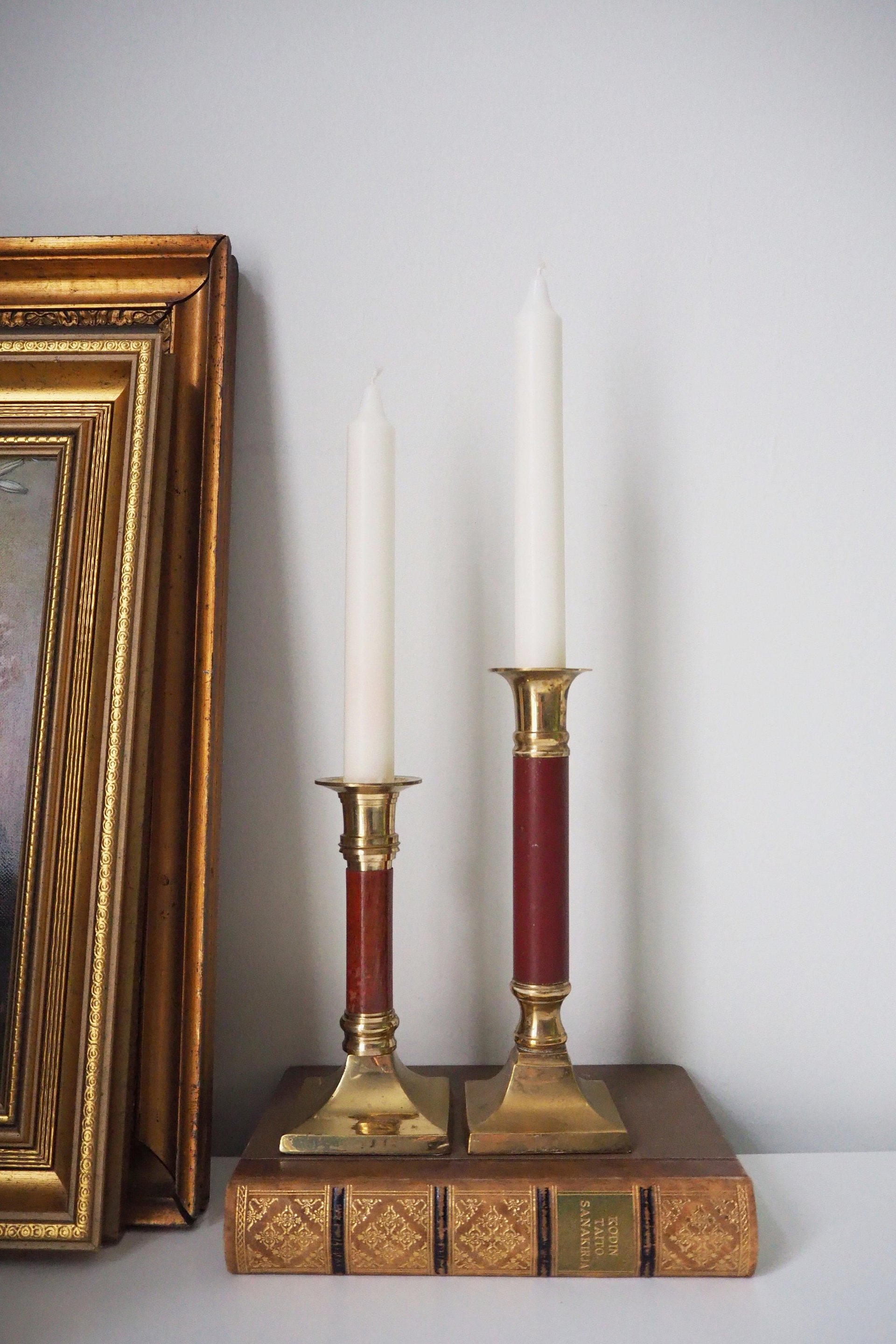 Pair of vintage candlestick holders | Brass candlestick holders | Tall brass candlestick holders | Mismatched candlestick holders