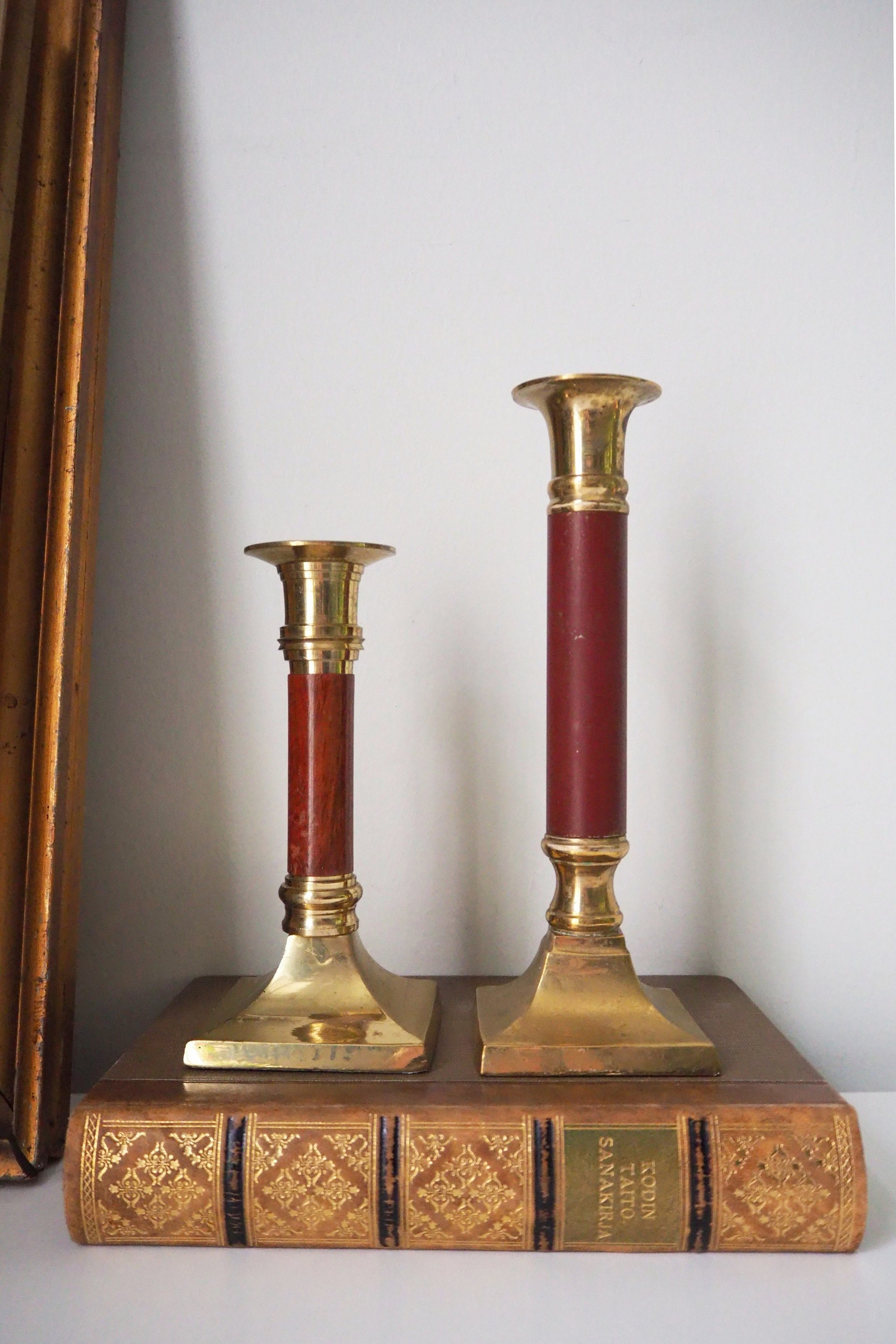 Pair of vintage candlestick holders | Brass candlestick holders | Tall brass candlestick holders | Mismatched candlestick holders