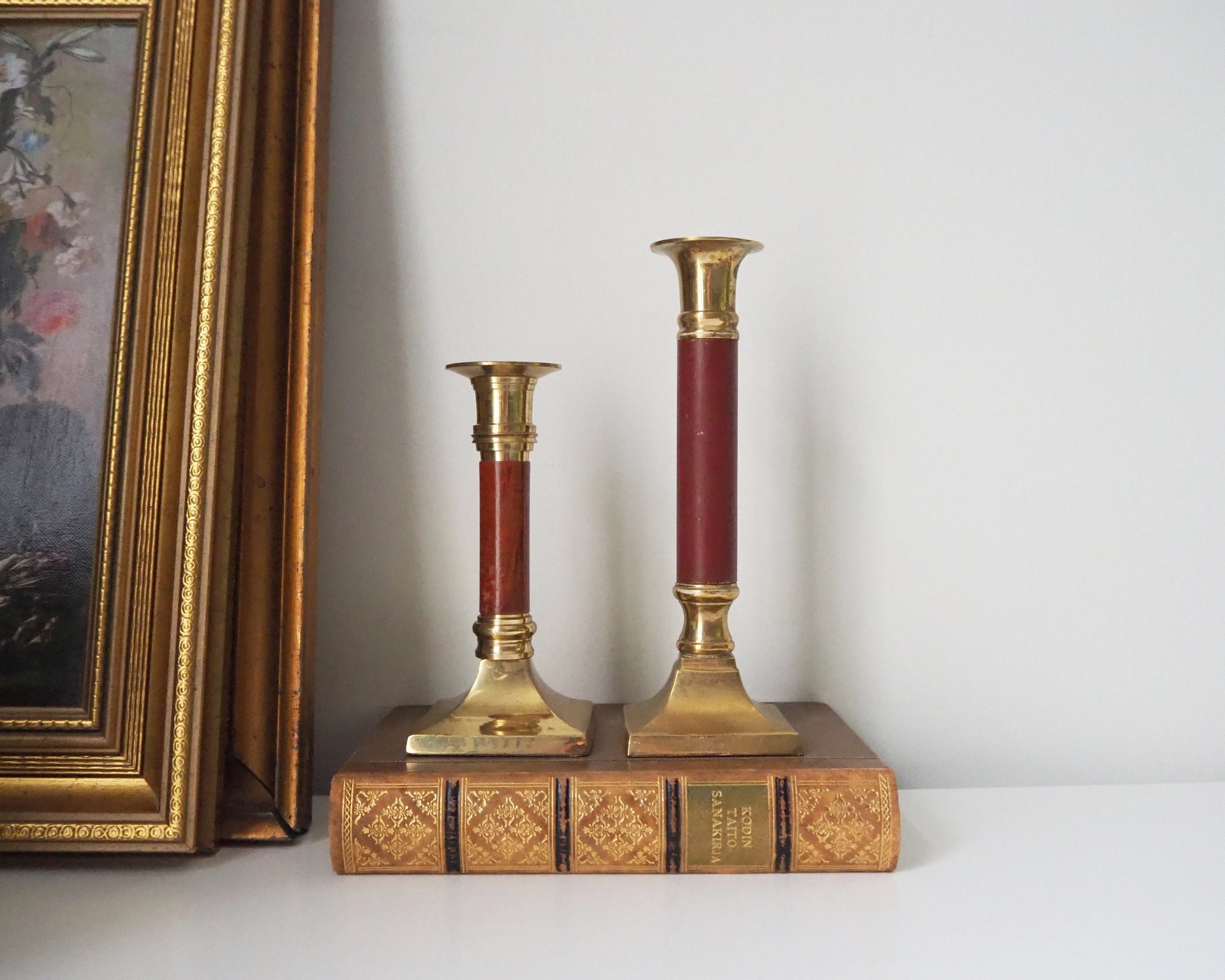 Pair of vintage candlestick holders | Brass candlestick holders | Tall brass candlestick holders | Mismatched candlestick holders