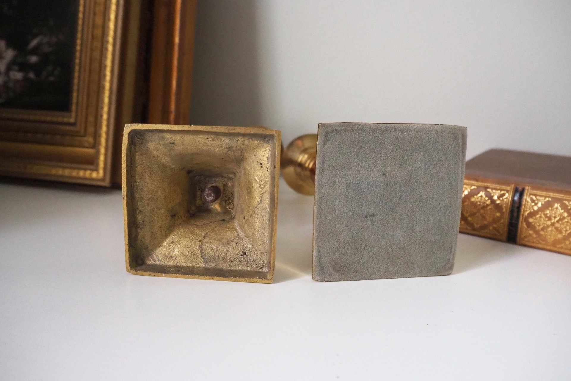 Pair of vintage candlestick holders | Brass candlestick holders | Tall brass candlestick holders | Mismatched candlestick holders