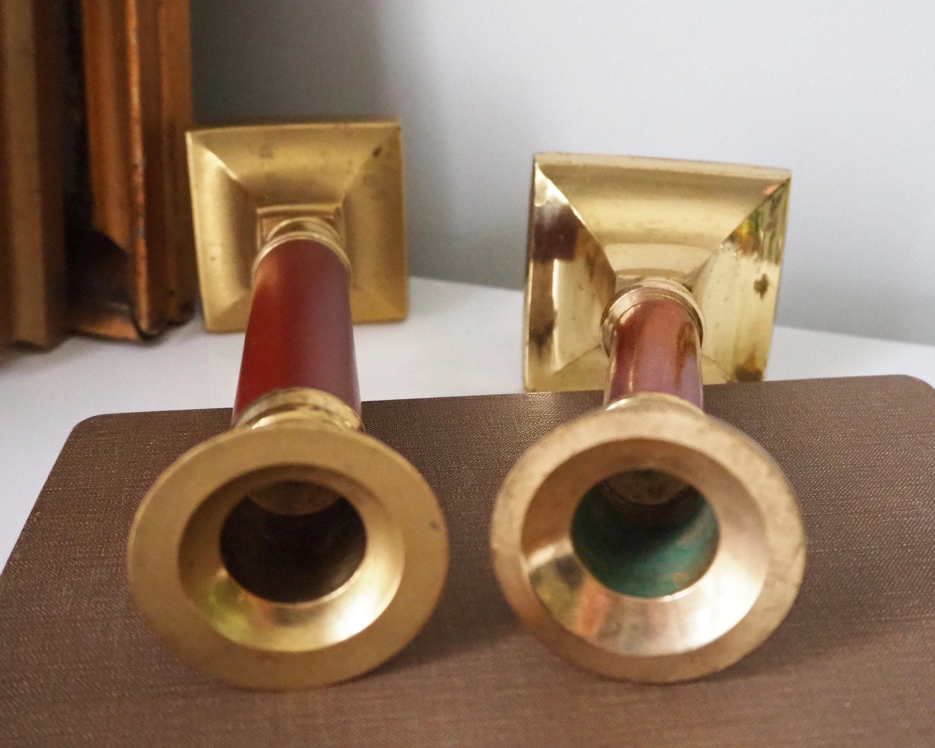 Pair of vintage candlestick holders | Brass candlestick holders | Tall brass candlestick holders | Mismatched candlestick holders