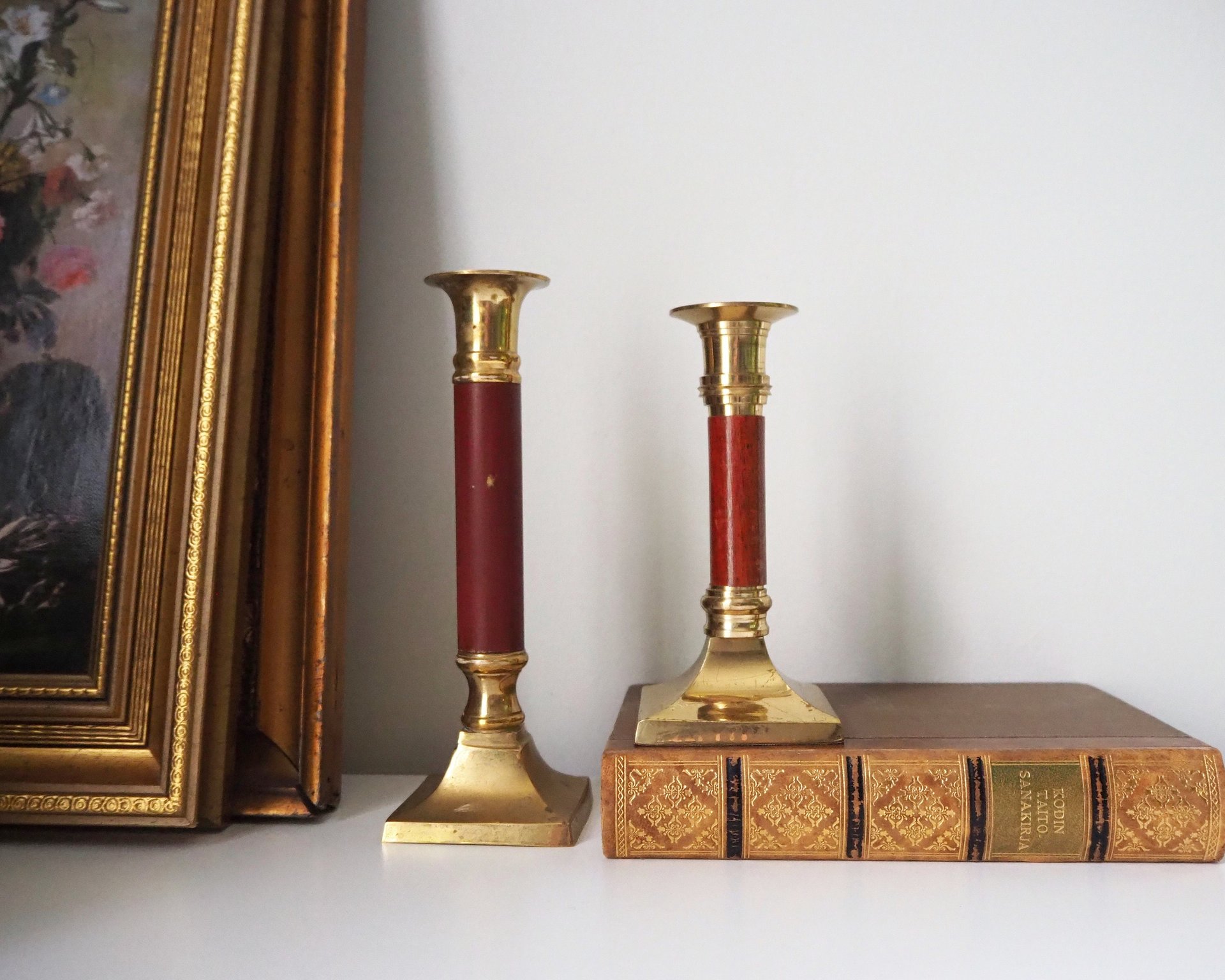 Pair of vintage candlestick holders | Brass candlestick holders | Tall brass candlestick holders | Mismatched candlestick holders