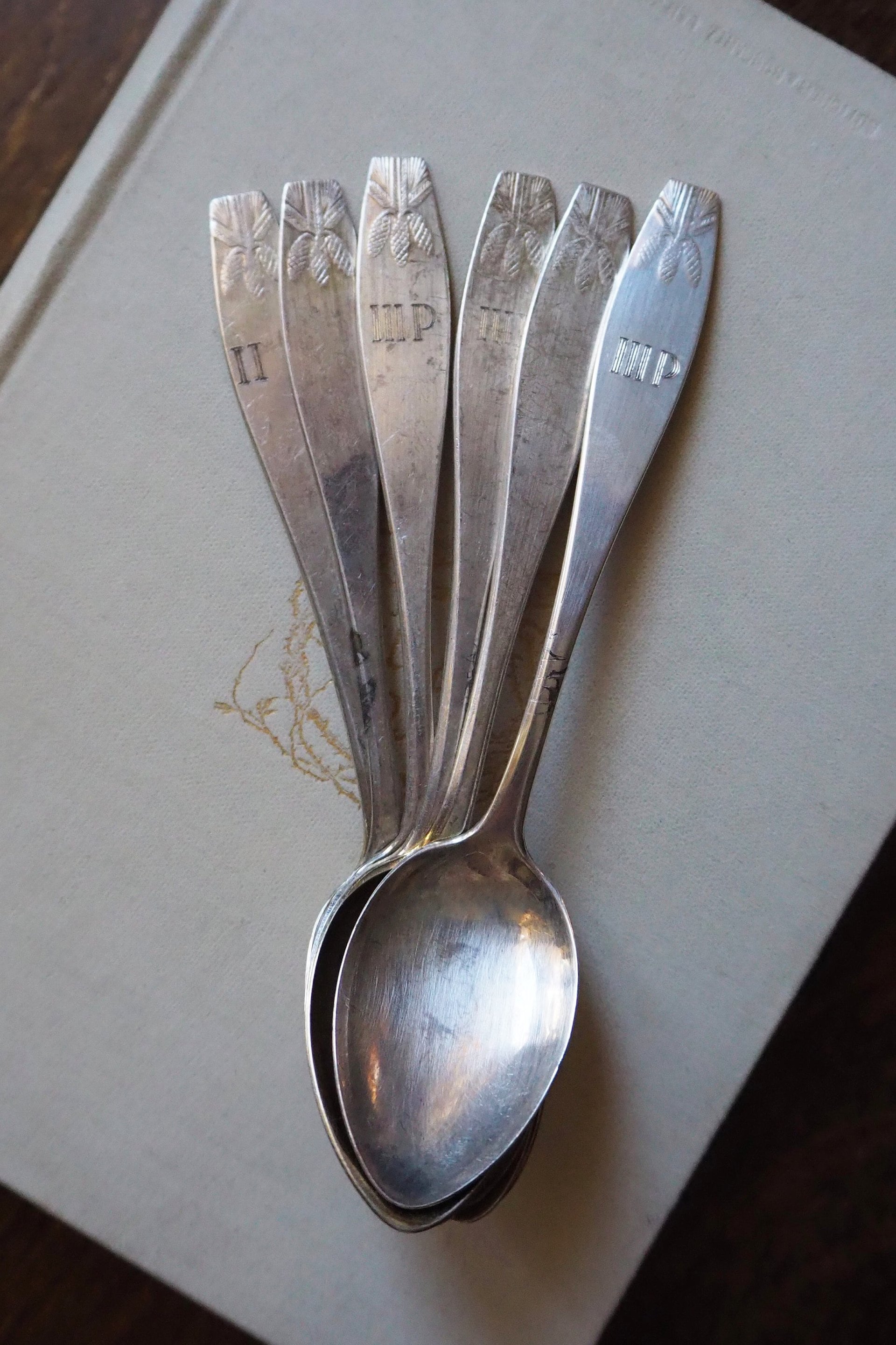 Set of six vintage coffee spoons | Vintage alpacca silver coffee spoons | Small spoons | Pine cone coffee spoon set | Vintage alpacca spoons