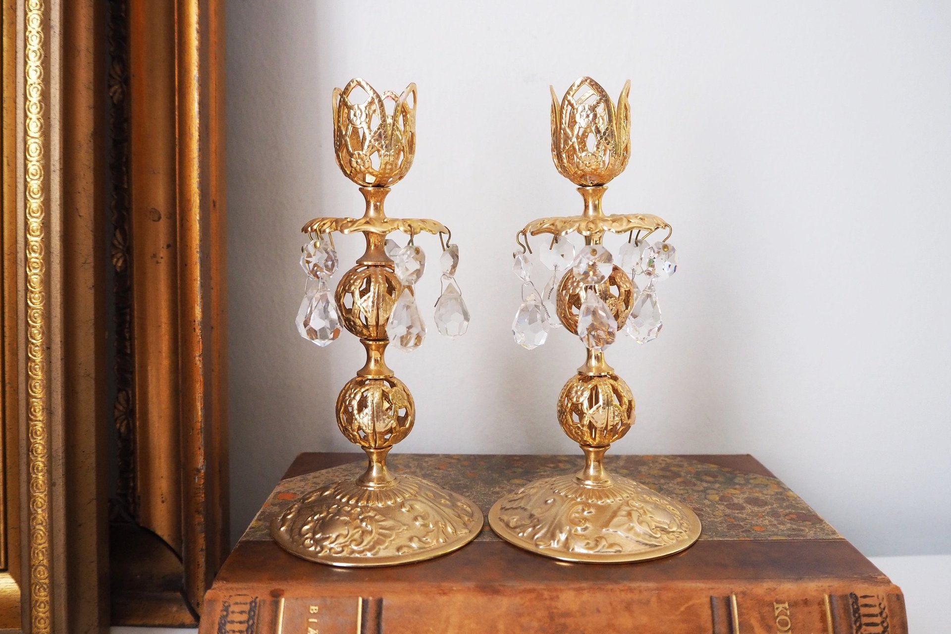 Vintage candlestick holder pair | Gold plated crystal candlestick holders | Ornate candlestick holders | Crystal candlestick holders