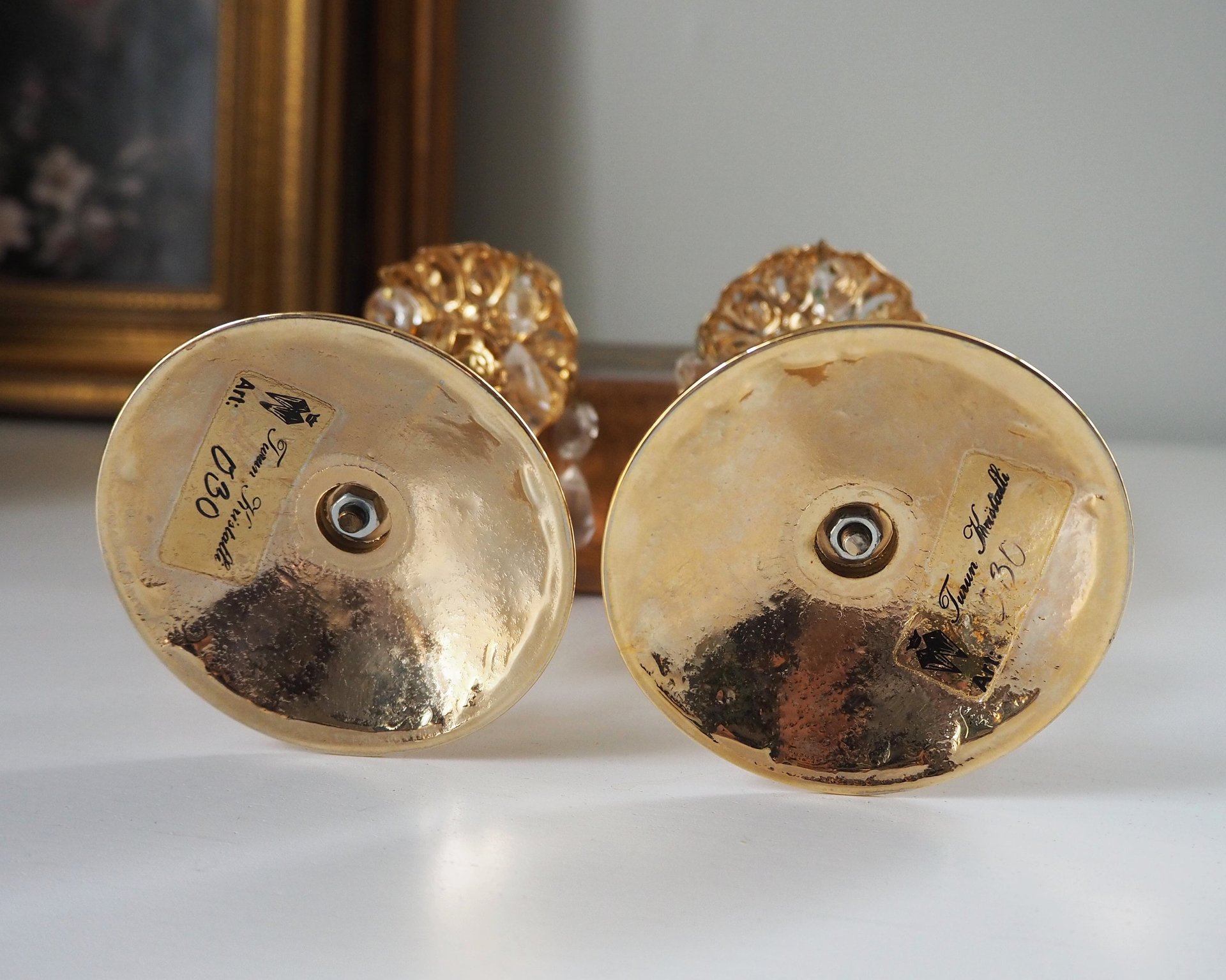 Vintage candlestick holder pair | Gold plated crystal candlestick holders | Ornate candlestick holders | Crystal candlestick holders