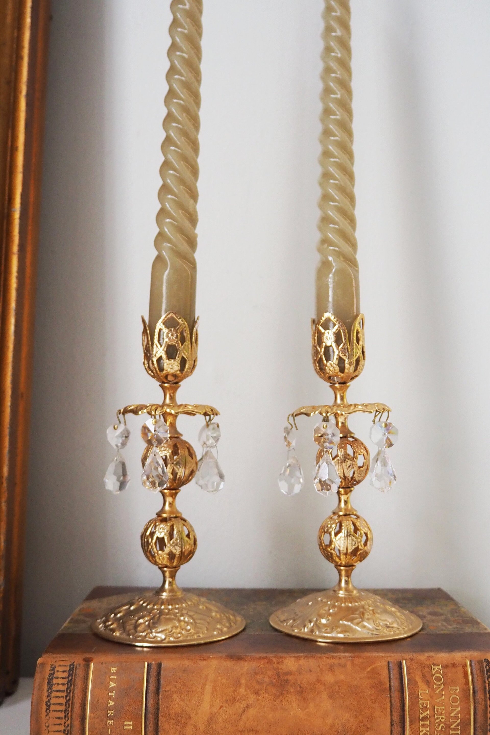 Vintage candlestick holder pair | Gold plated crystal candlestick holders | Ornate candlestick holders | Crystal candlestick holders