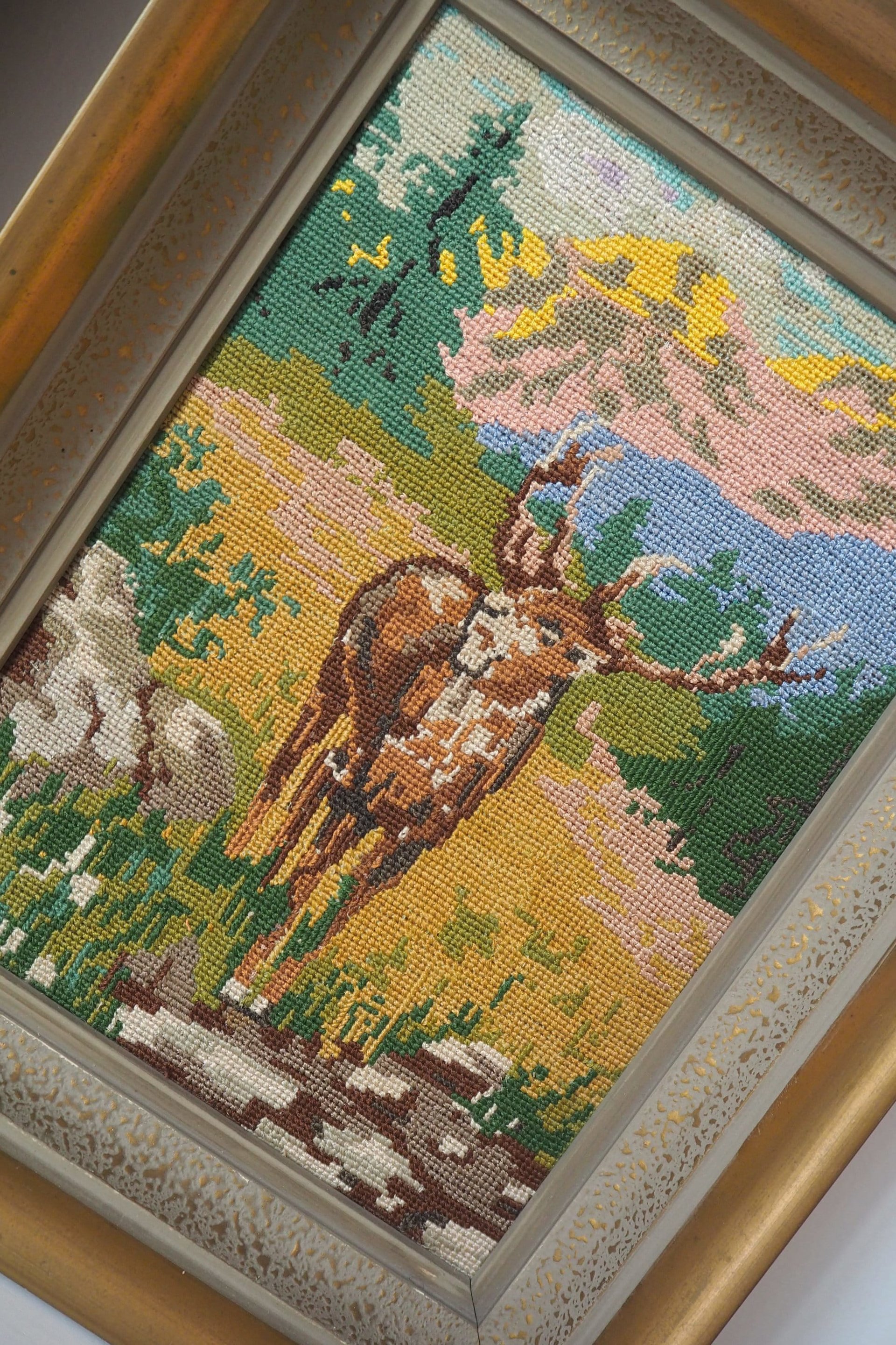 Vintage needlepoint wall art | Deer needlepoint | Scandinavian wall art | Needlepoint wall hanging | Scenery wall art