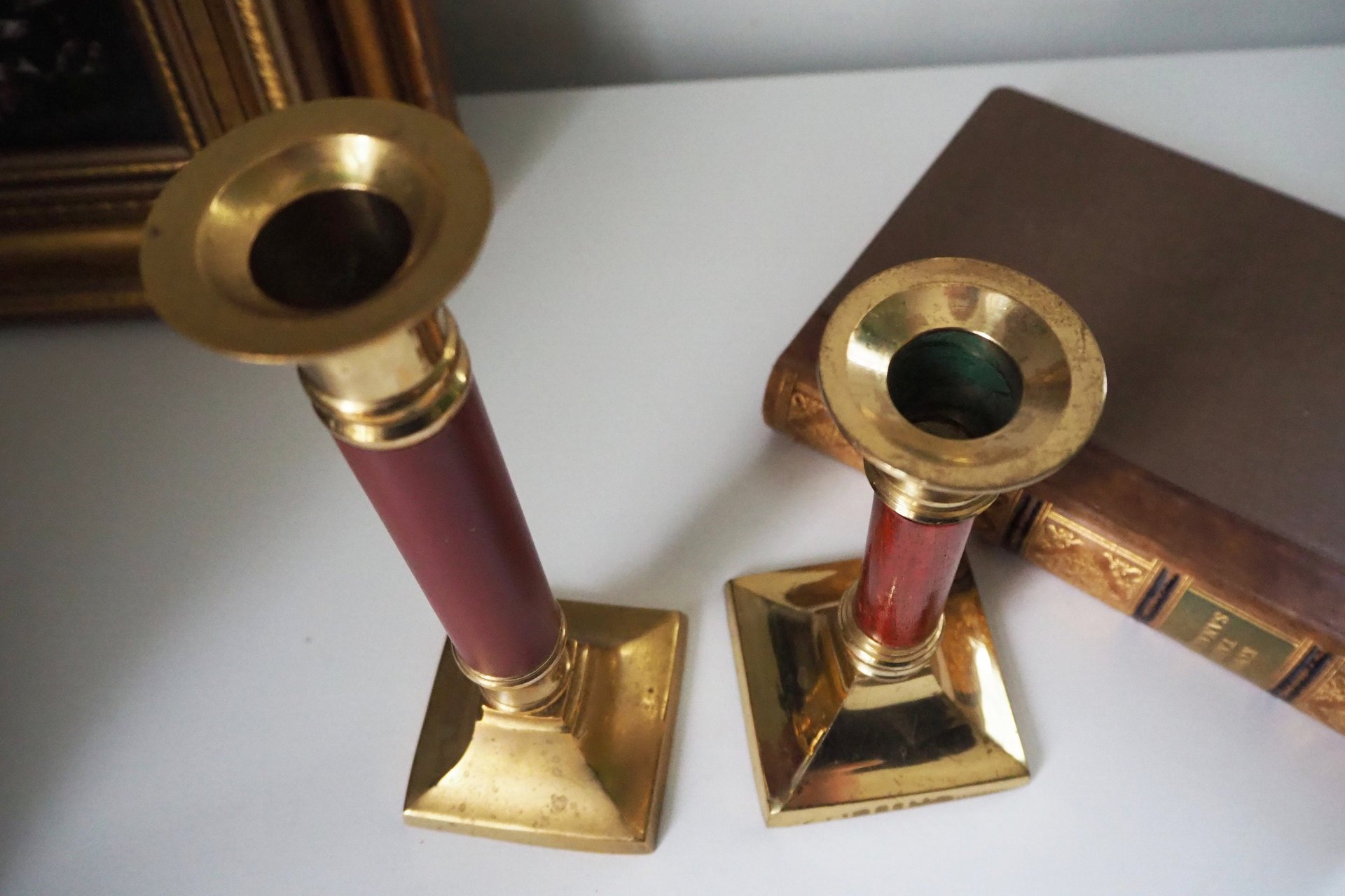Pair of vintage candlestick holders | Brass candlestick holders | Tall brass candlestick holders | Mismatched candlestick holders