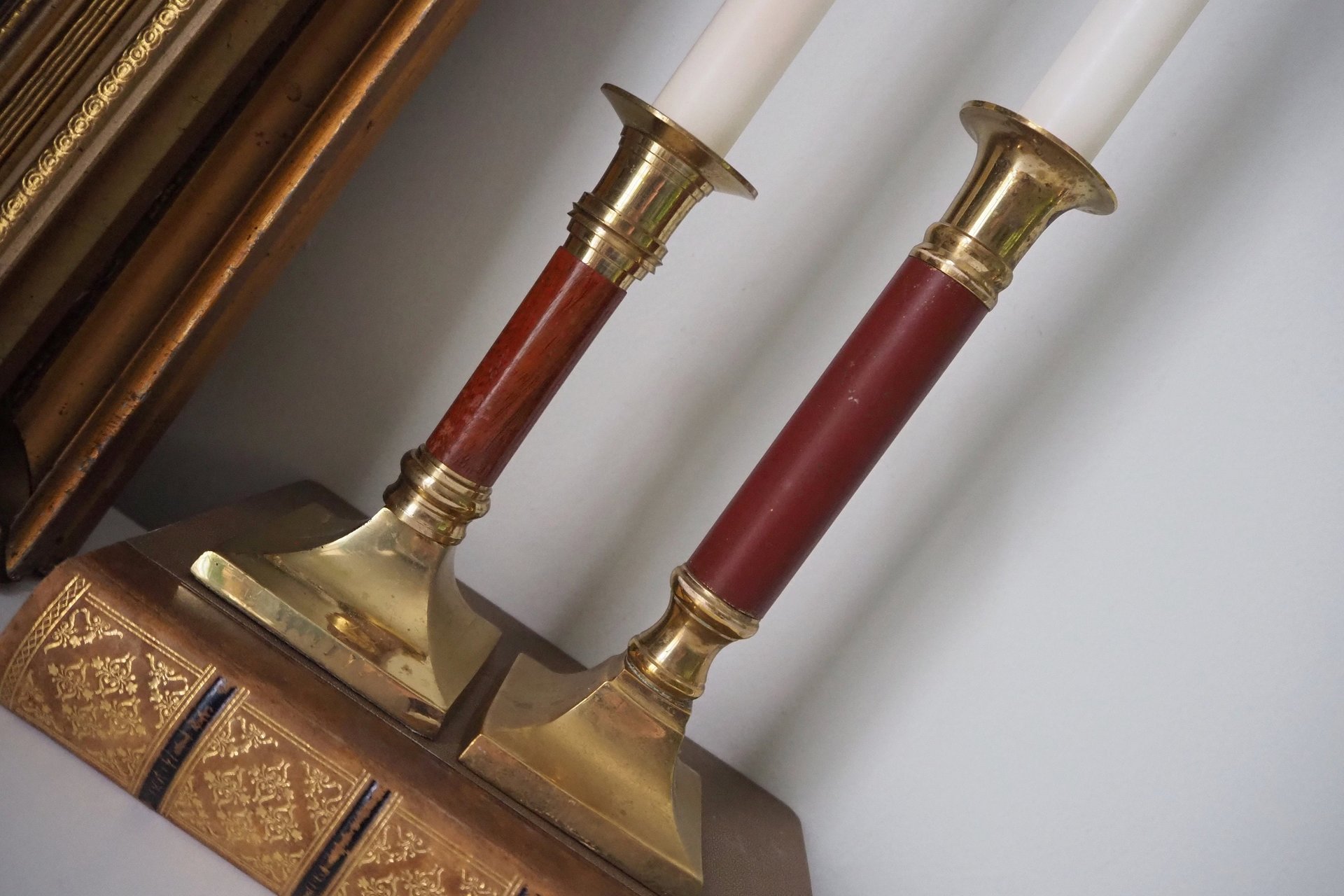 Pair of vintage candlestick holders | Brass candlestick holders | Tall brass candlestick holders | Mismatched candlestick holders