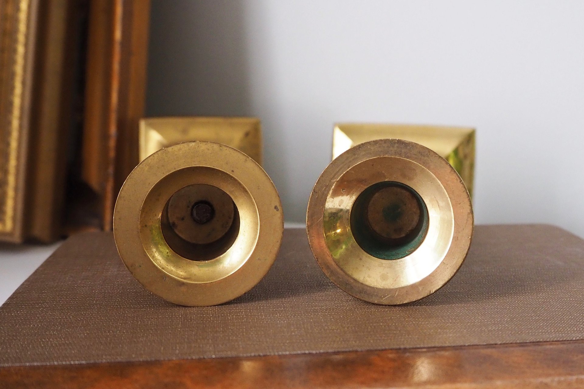 Pair of vintage candlestick holders | Brass candlestick holders | Tall brass candlestick holders | Mismatched candlestick holders