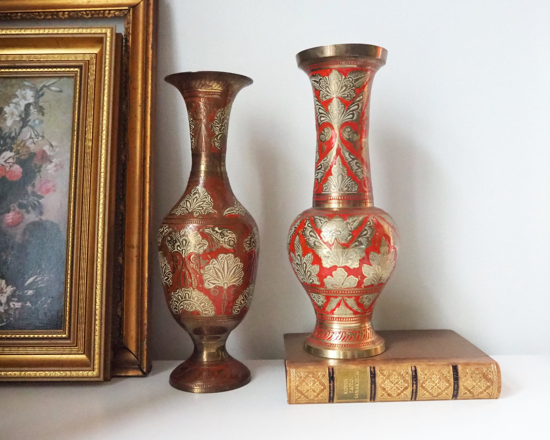 Vintage brass vase | Large enamelled brass vase | Vintage brass vases | Tall brass vase | Vintage vase | Brass and red vase
