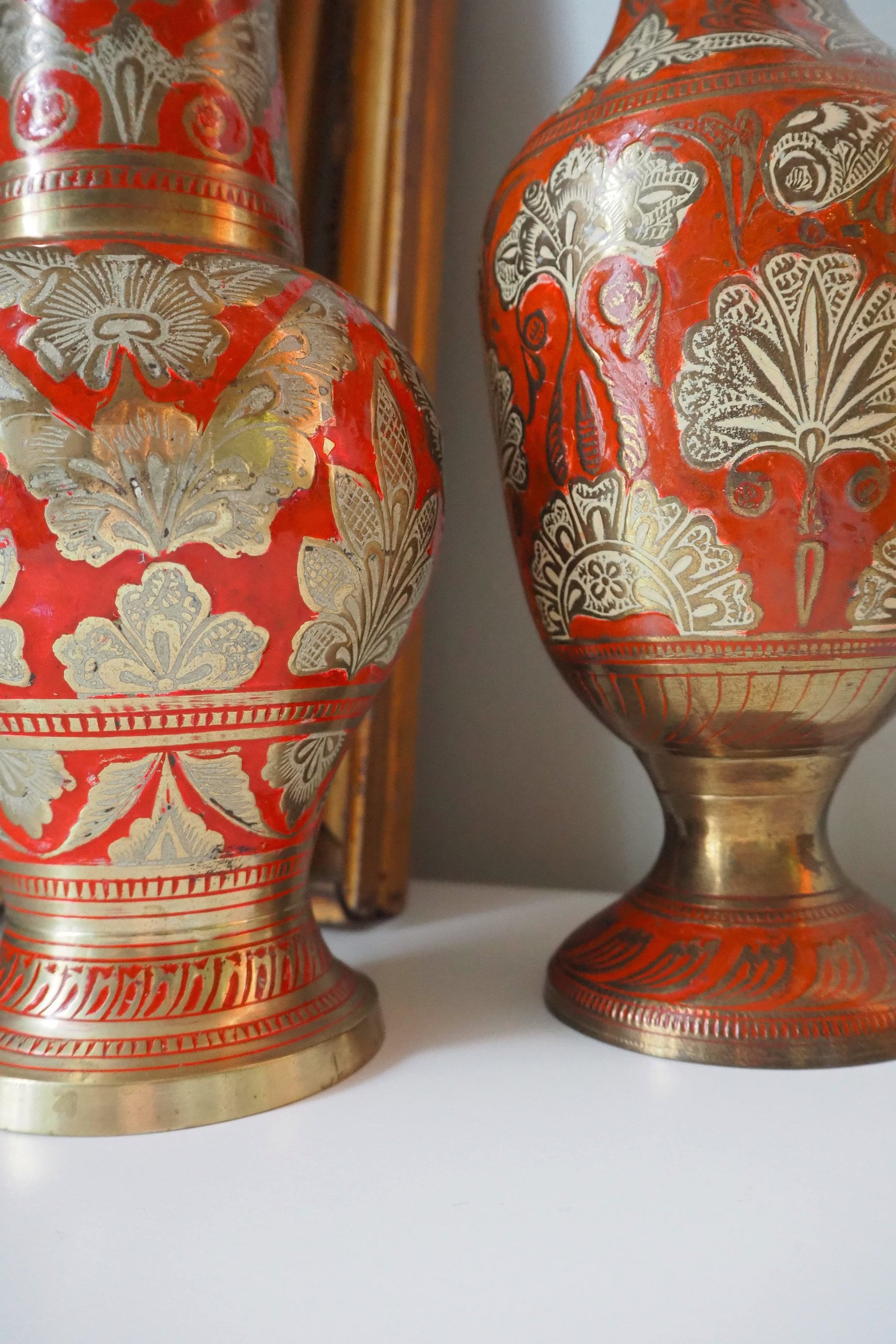 Vintage brass vase | Large enamelled brass vase | Vintage brass vases | Tall brass vase | Vintage vase | Brass and red vase