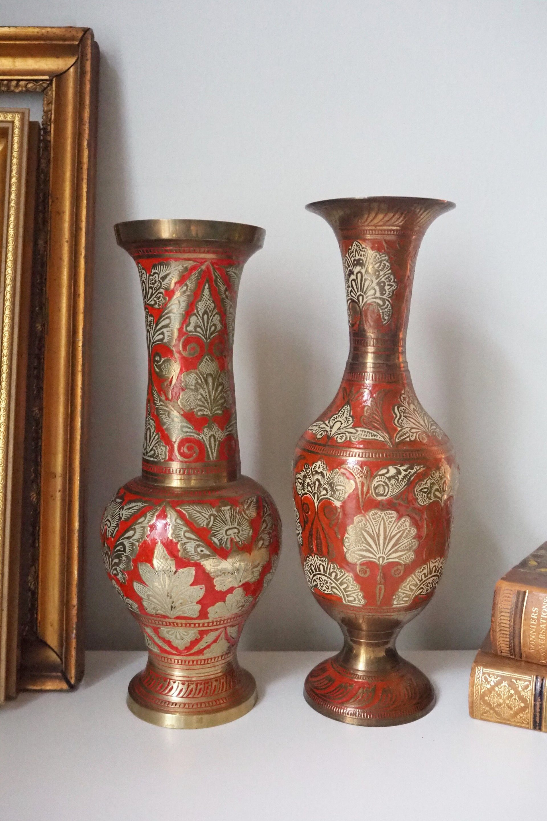 Vintage brass vase | Large enamelled brass vase | Vintage brass vases | Tall brass vase | Vintage vase | Brass and red vase