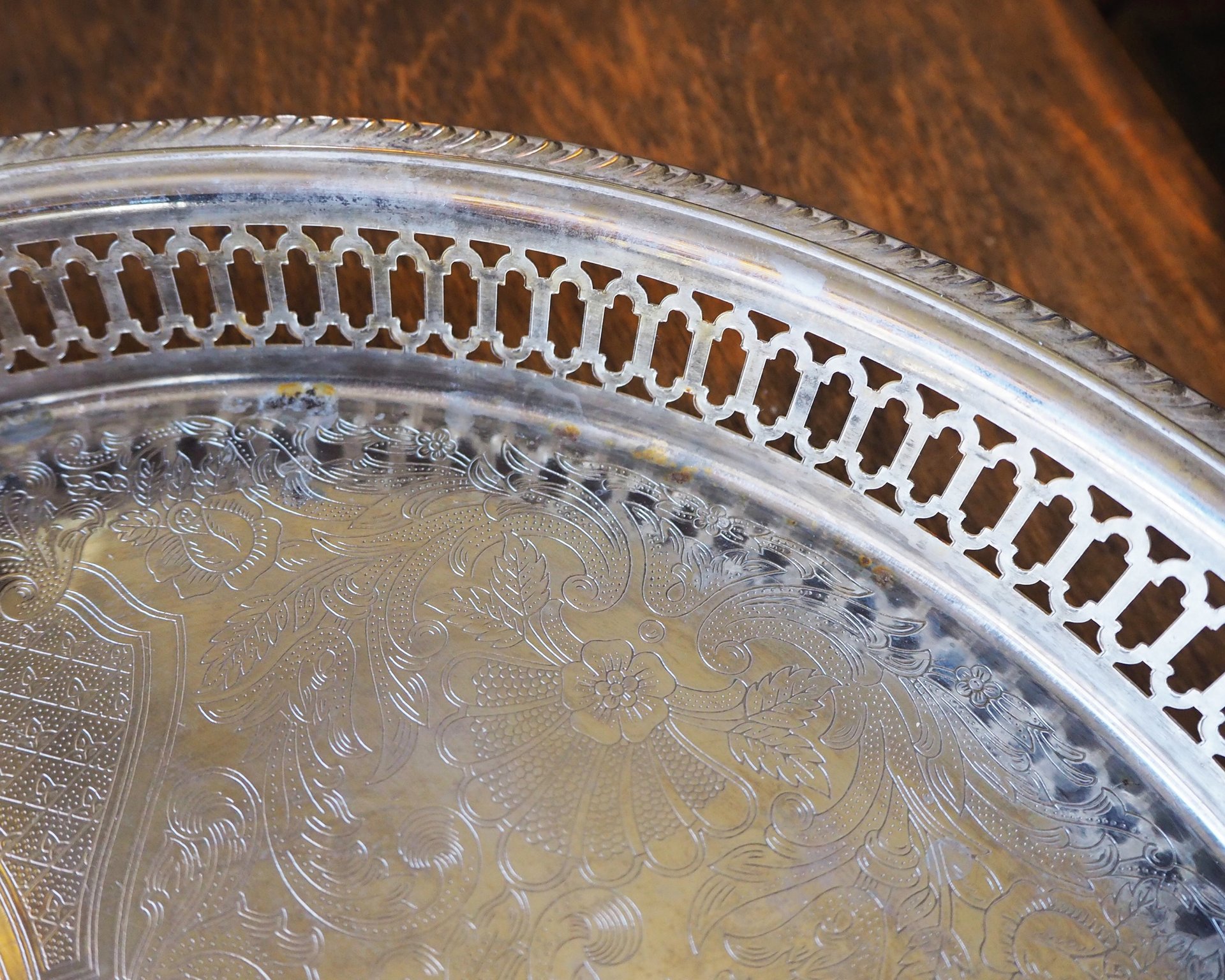 Vintage silver plated tray | Vintage tray with a raised edge | Silver plated serving tray with a cutout rim | Vintage decorative tray